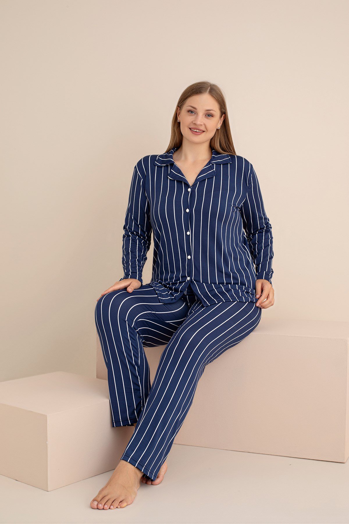 KADIN Buyuk Beden CİZGİLİ Milan Örme Uzun Kol Kadın Düğmeli Pijama Takımı