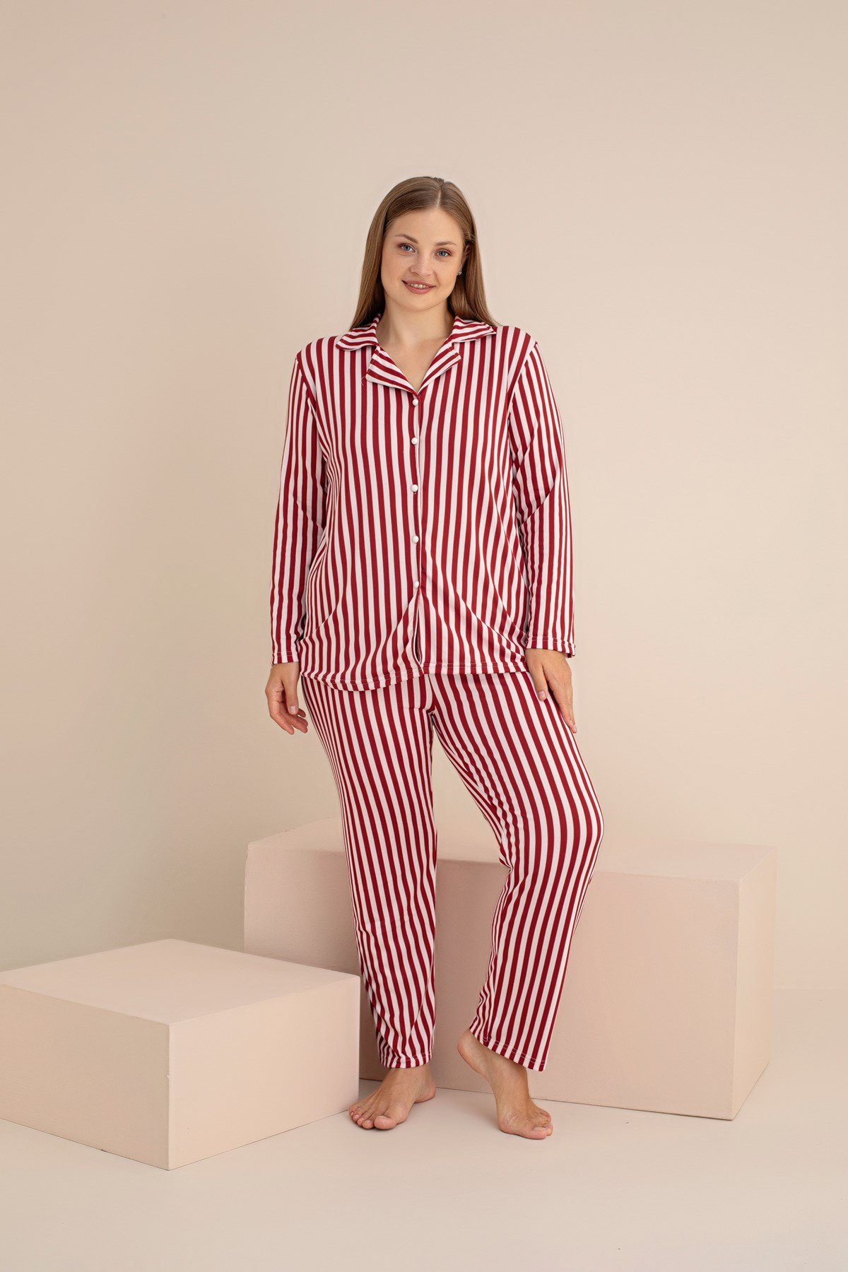 KADIN Buyuk Beden CİZGİLİ Milan Örme Uzun Kol Kadın Düğmeli Pijama Takımı
