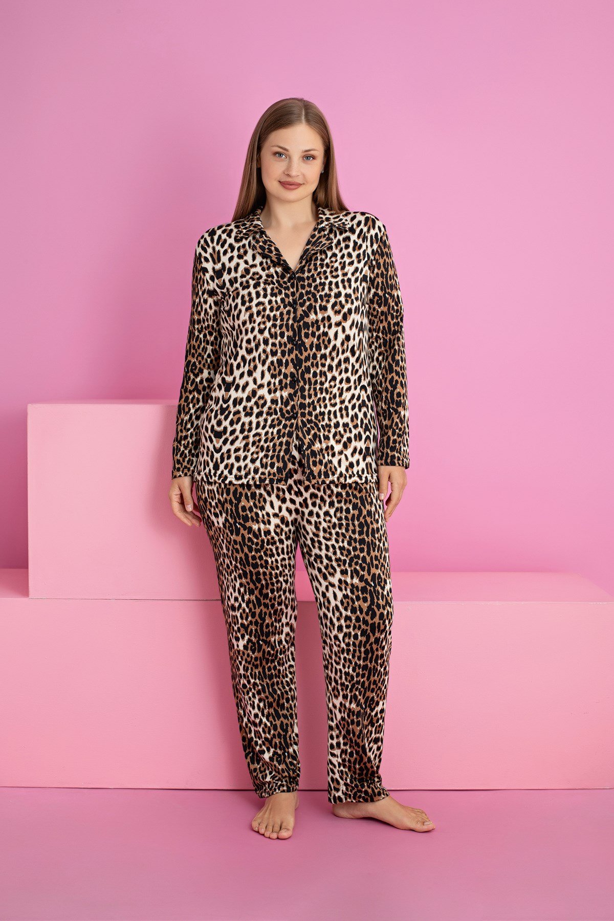 KADIN Buyuk Beden LEOPAR Milan Örme Uzun Kol Kadın Düğmeli Pijama Takımı