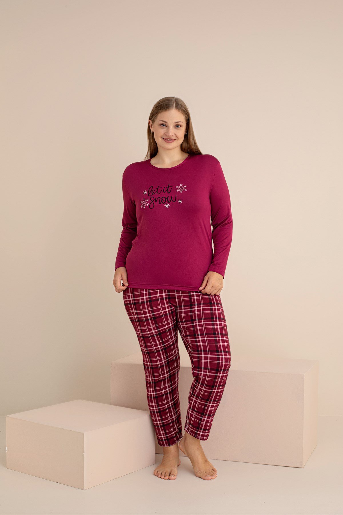 KADIN Büyük Beden Milan Örme Uzun Kol Nakışlı Kadın Pijama Takımı