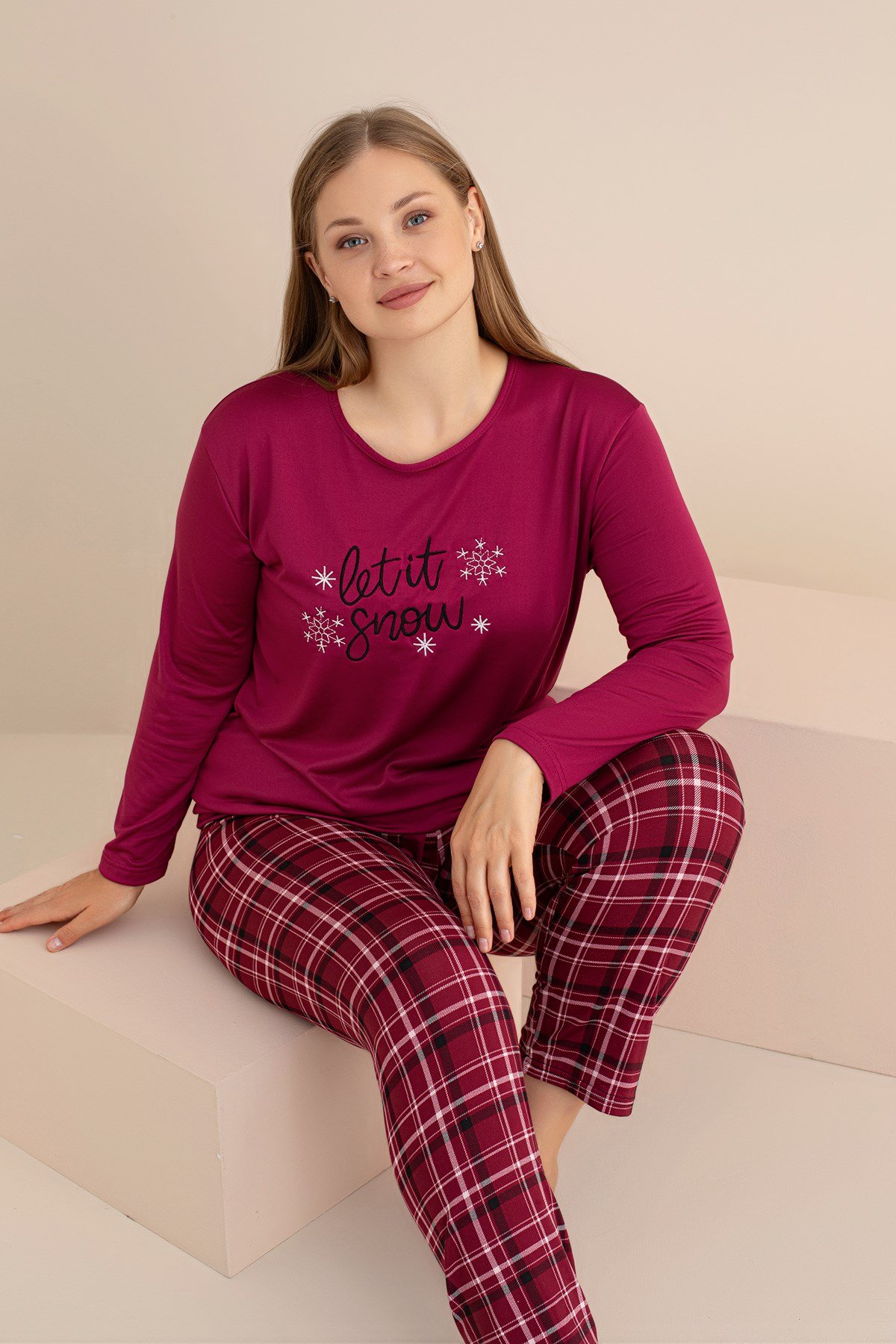 KADIN Büyük Beden Milan Örme Uzun Kol Nakışlı Kadın Pijama Takımı