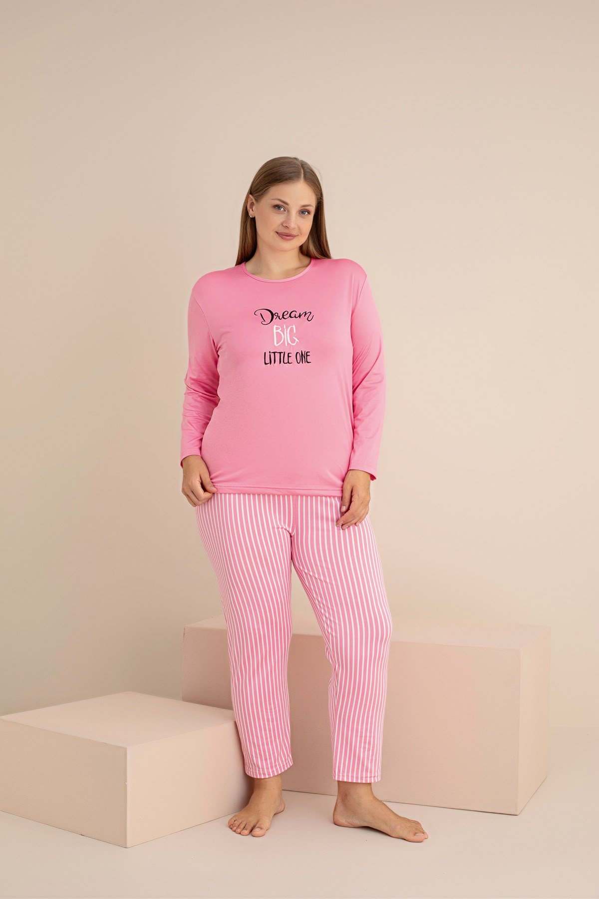KADIN Büyük Beden Milan Örme Uzun Kol Nakışlı Kadın Pijama Takımı