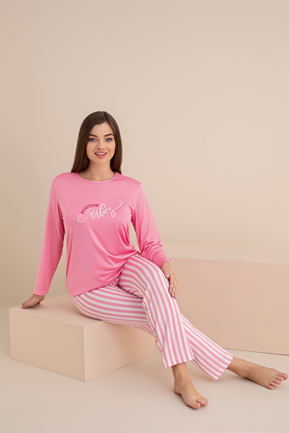 KADIN CİZGİLİ Milan Örme Uzun Kol Kadın Pijama Takımı
