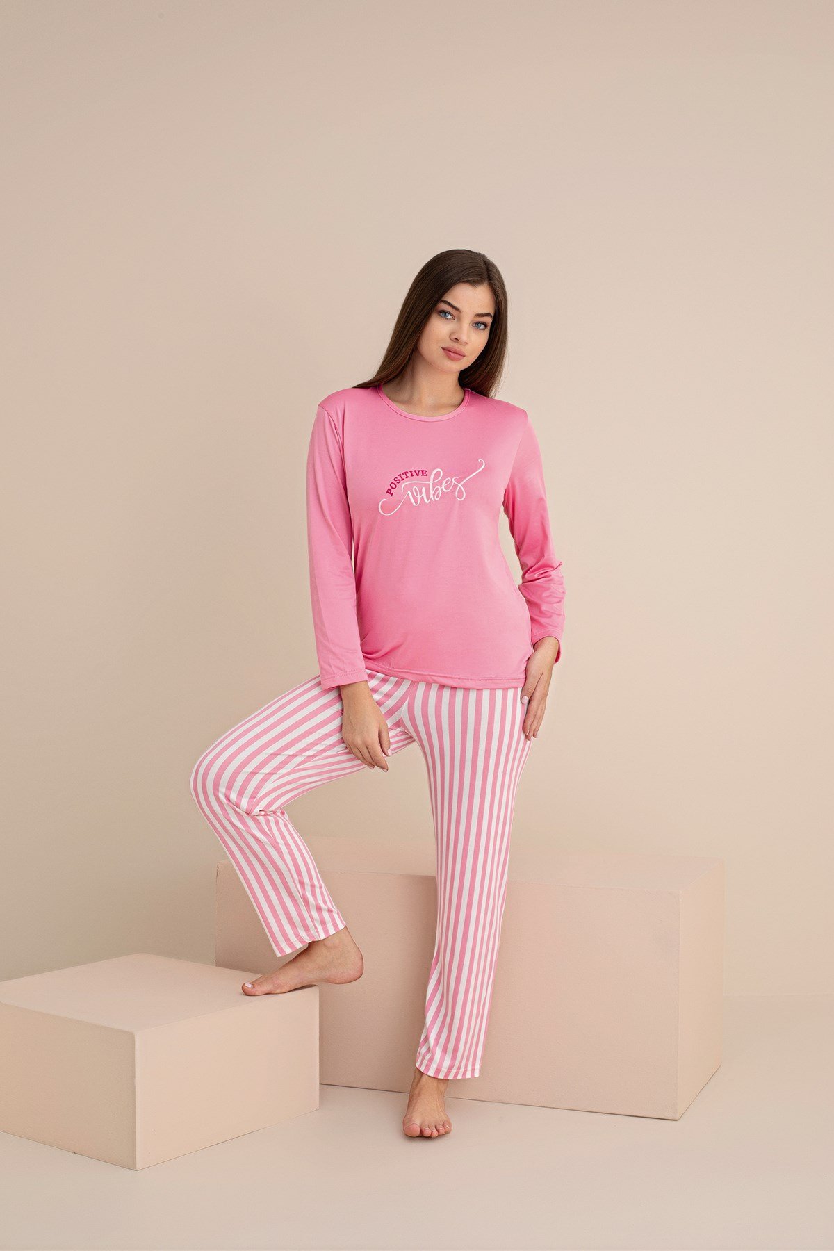 KADIN CİZGİLİ Milan Örme Uzun Kol Kadın Pijama Takımı