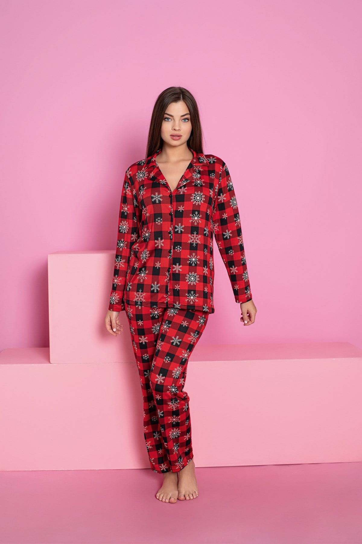Kadın Desenli Milan Örme Uzun Kol Kadın Düğmeli Pijama Takımı