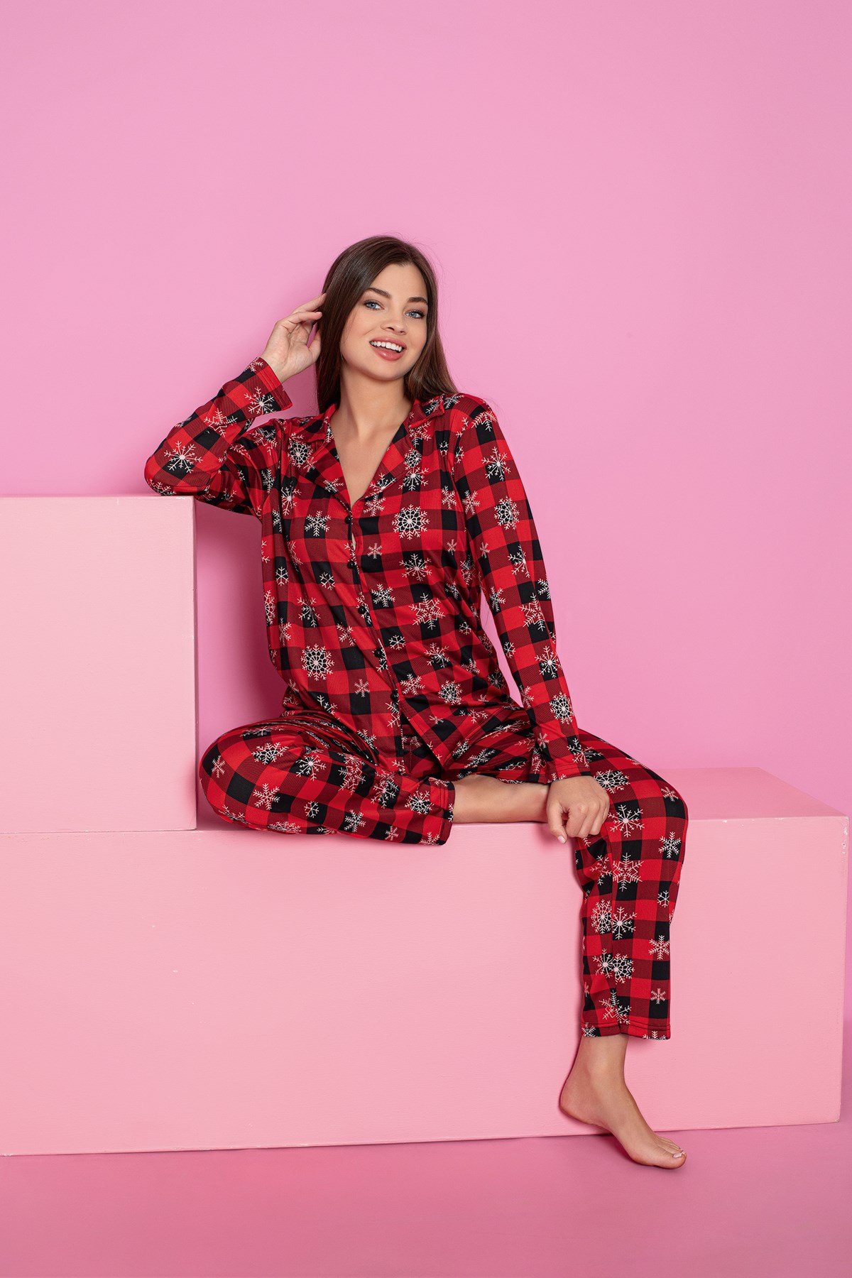 Kadın Desenli Milan Örme Uzun Kol Kadın Düğmeli Pijama Takımı