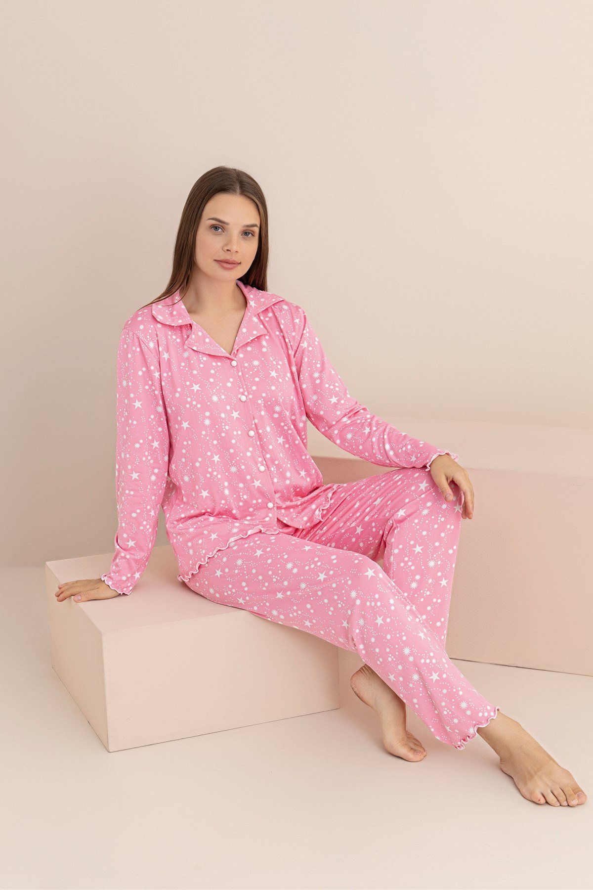 Kadın Desenli Milan Örme Yıldız Desenli Uzun Kol Kadın Düğmeli Pijama Takımı
