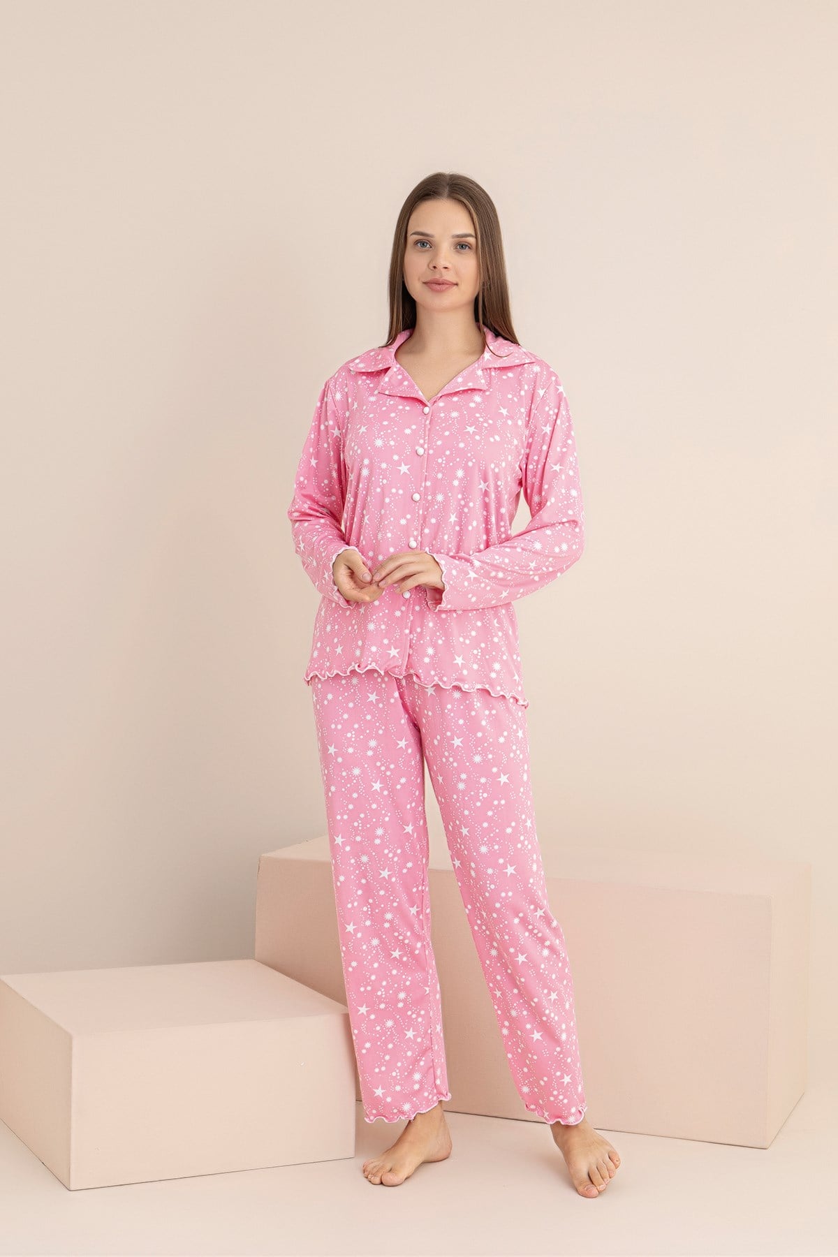 Kadın Desenli Milan Örme Yıldız Desenli Uzun Kol Kadın Düğmeli Pijama Takımı
