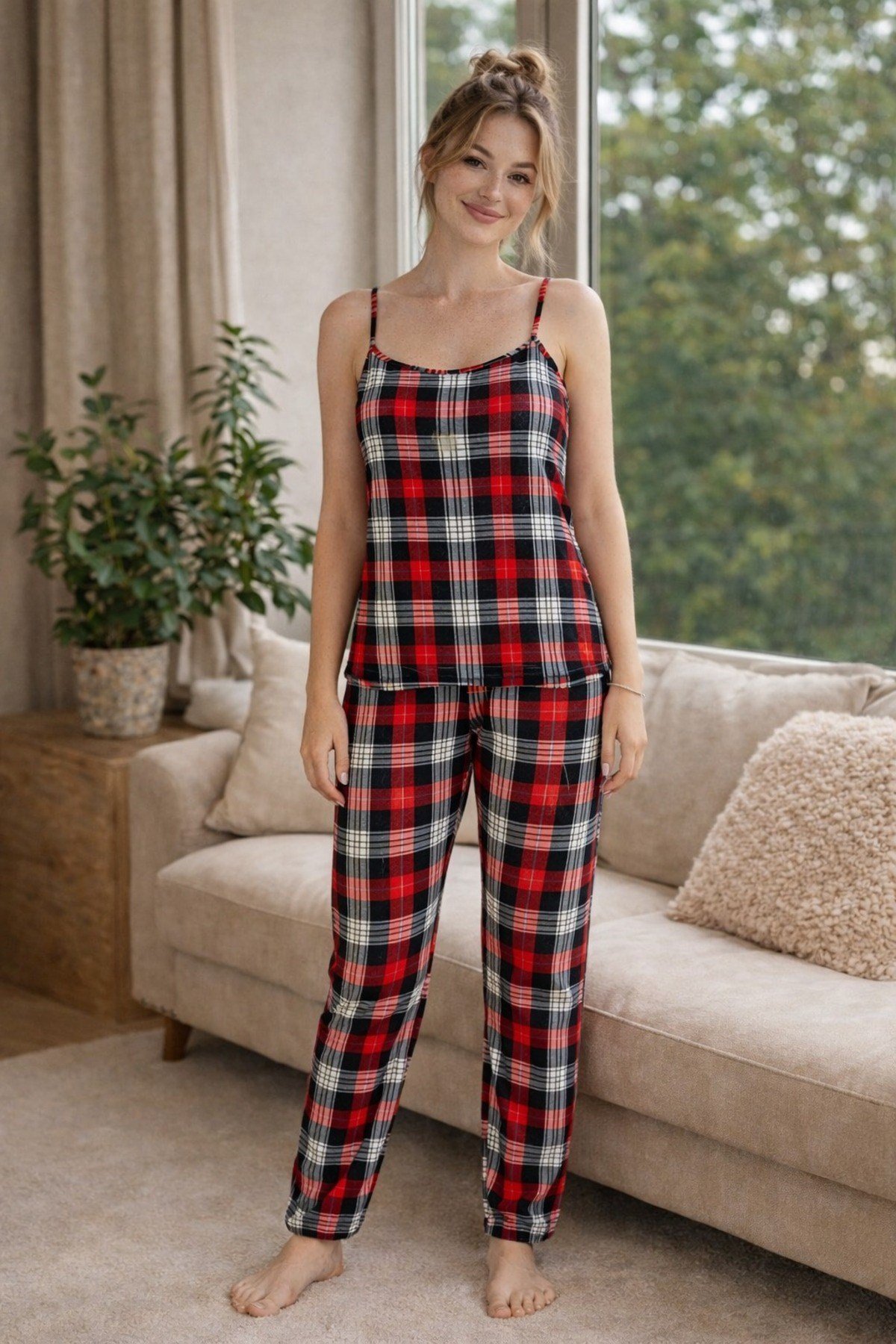 Kadın Ekose Baskılı Milan Askılı Pijama Takımı