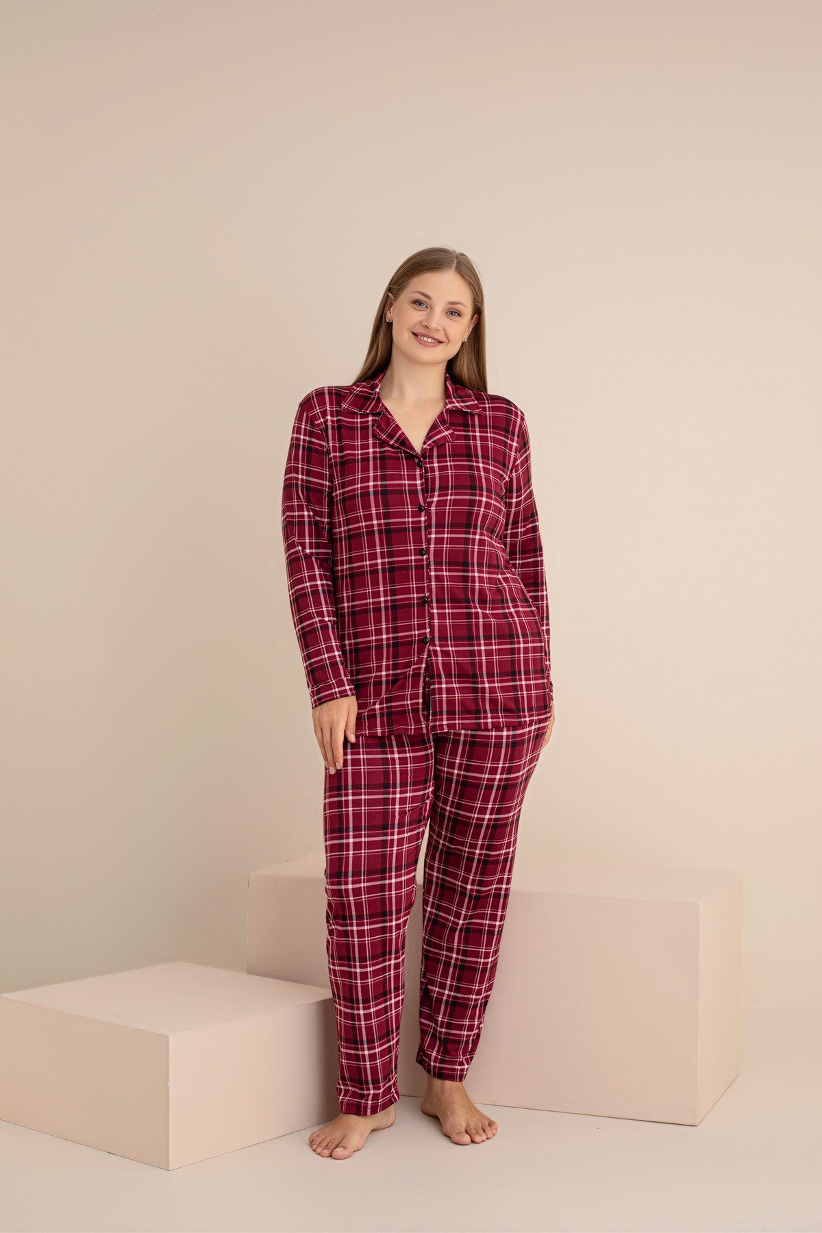 KADIN EKOSE Buyuk Beden Milan Örme Uzun Kol Kadın Düğmeli Pijama Takımı