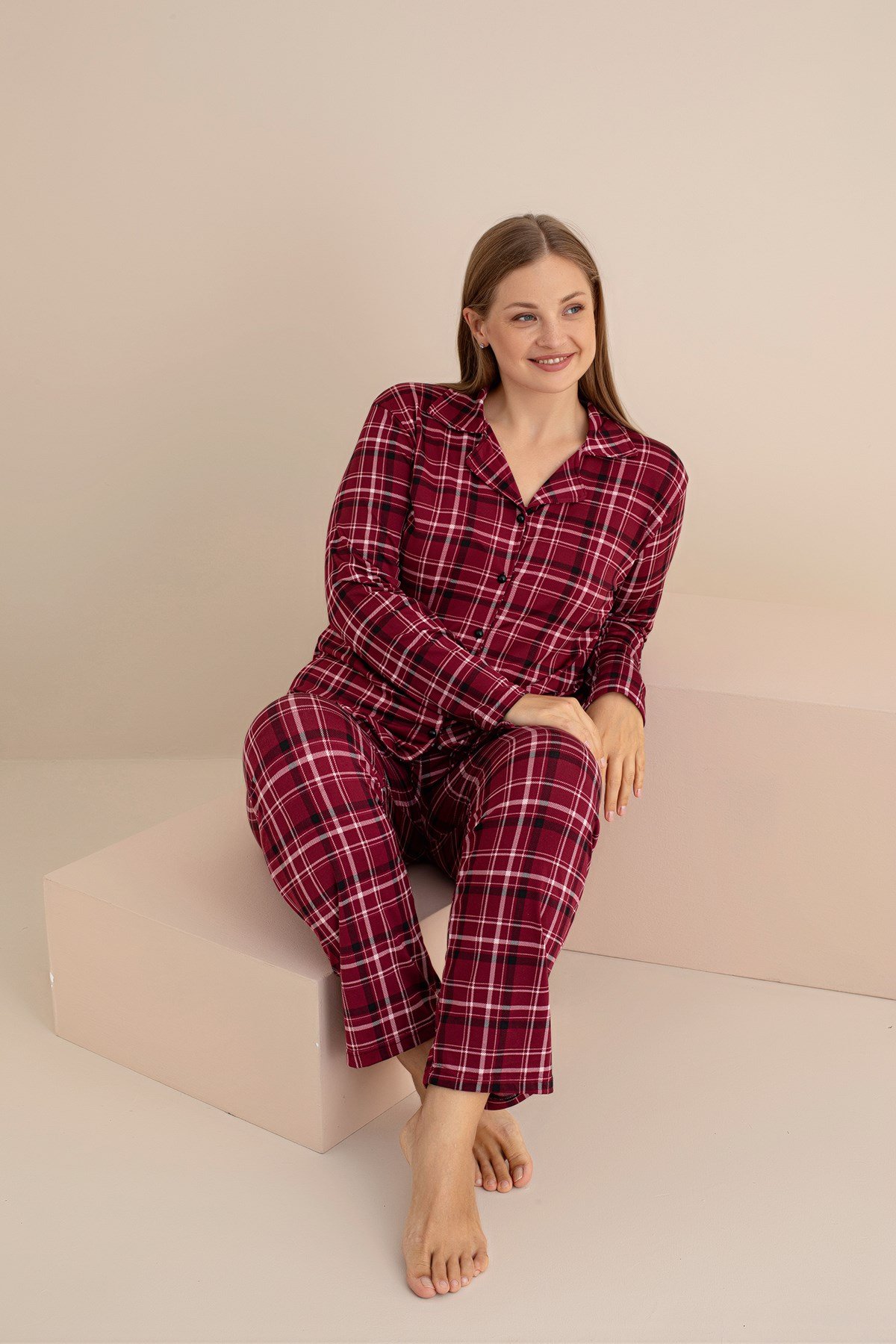 KADIN EKOSE Buyuk Beden Milan Örme Uzun Kol Kadın Düğmeli Pijama Takımı