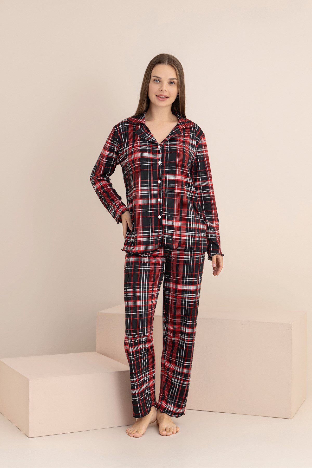 Kadın EKOSE Desenli Milan Örme Uzun Kol Kadın Düğmeli Pijama Takımı