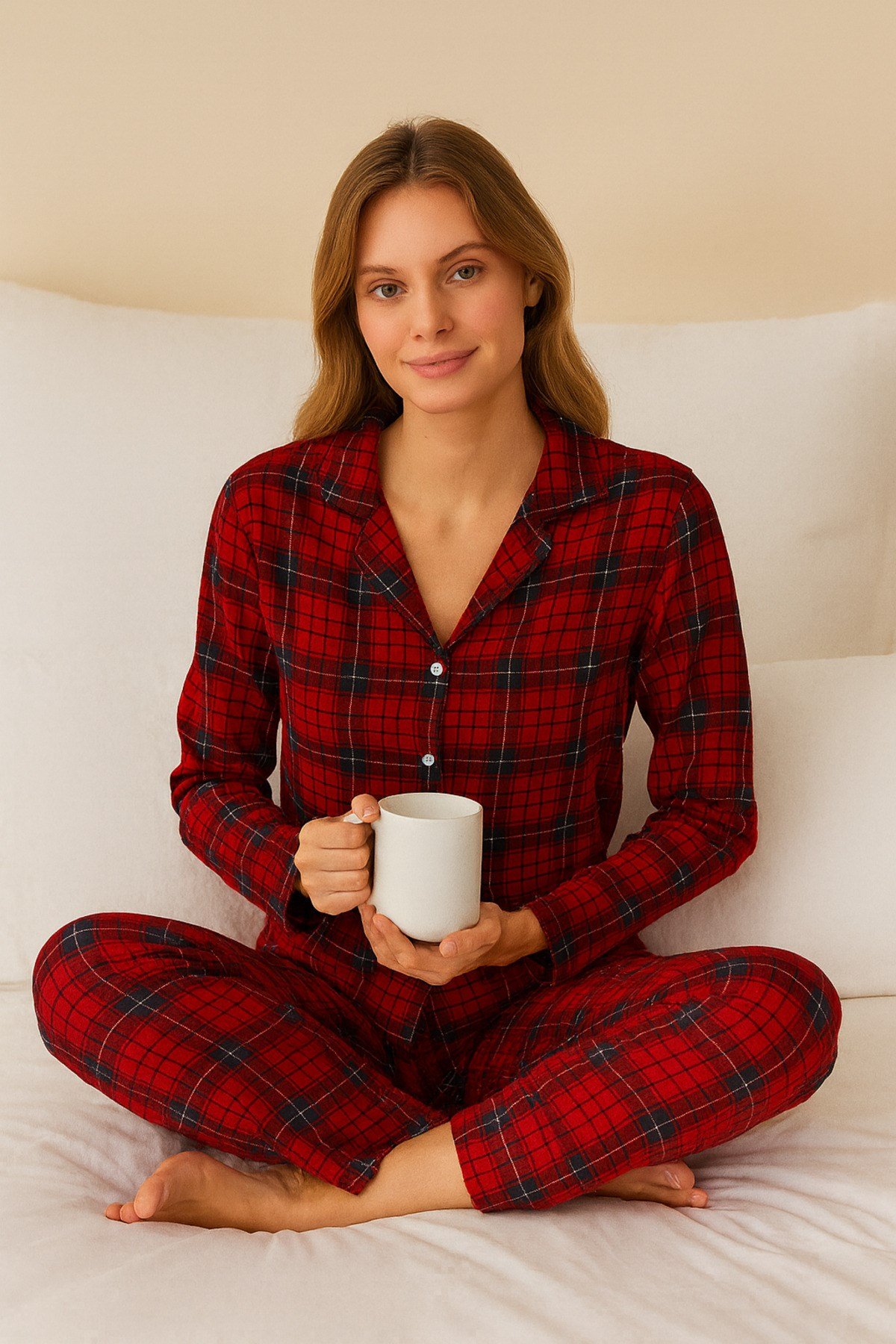 Kadın EKOSE Desenli Süet Örme Uzun Kol Kadın Düğmeli Pijama Takımı