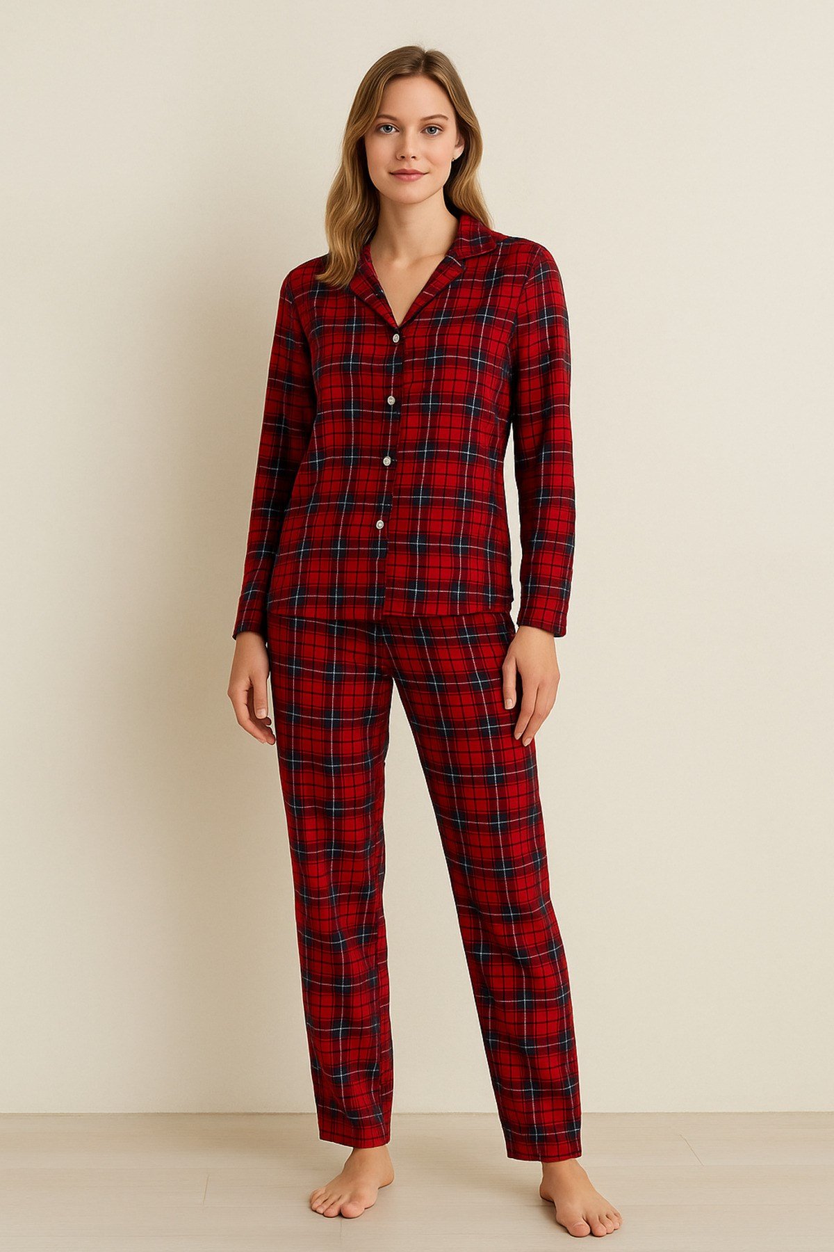 Kadın EKOSE Desenli Süet Örme Uzun Kol Kadın Düğmeli Pijama Takımı