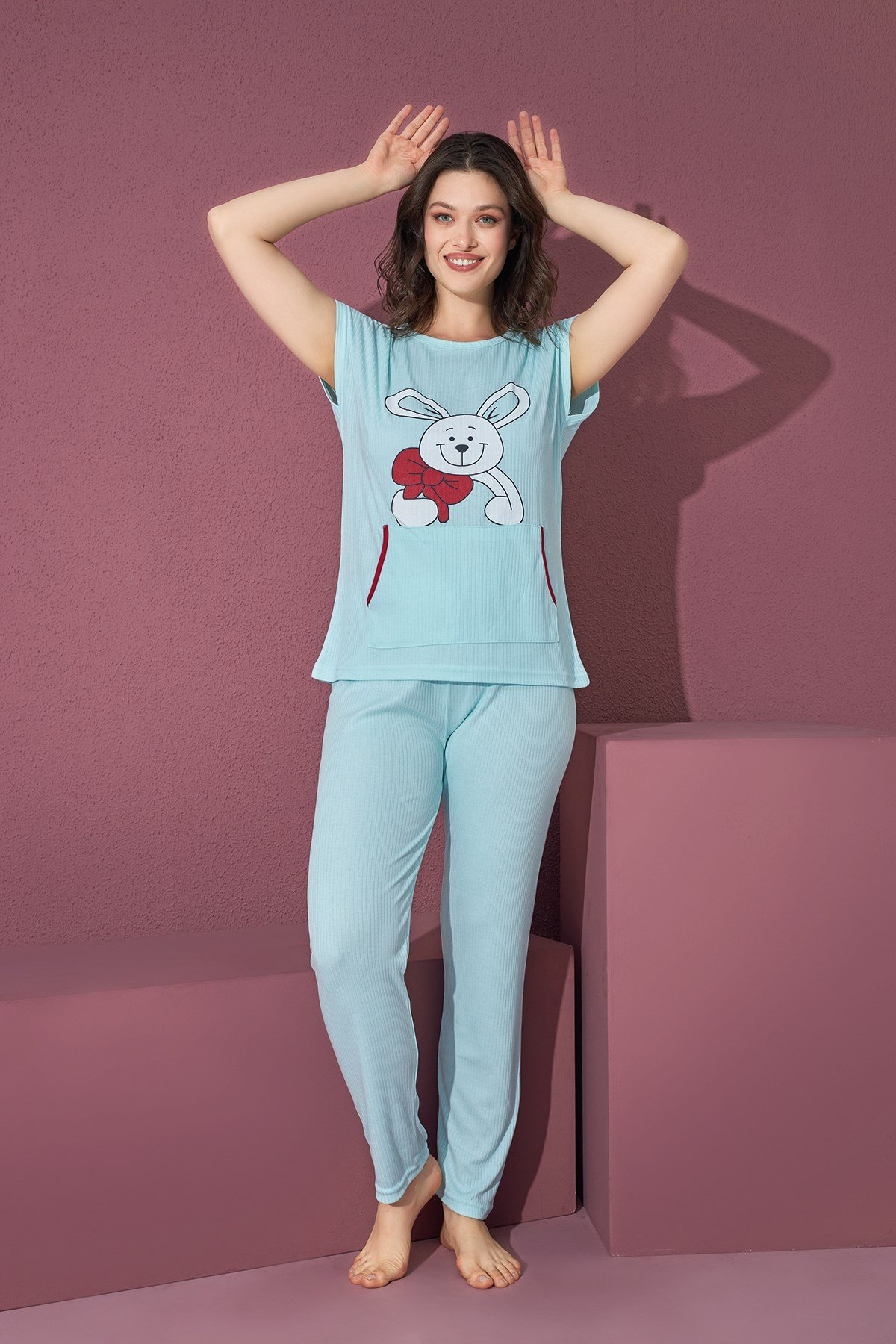 KADIN FİTİLİ DÜŞÜK KOL CEPLİ PİJAMA TAKIMI