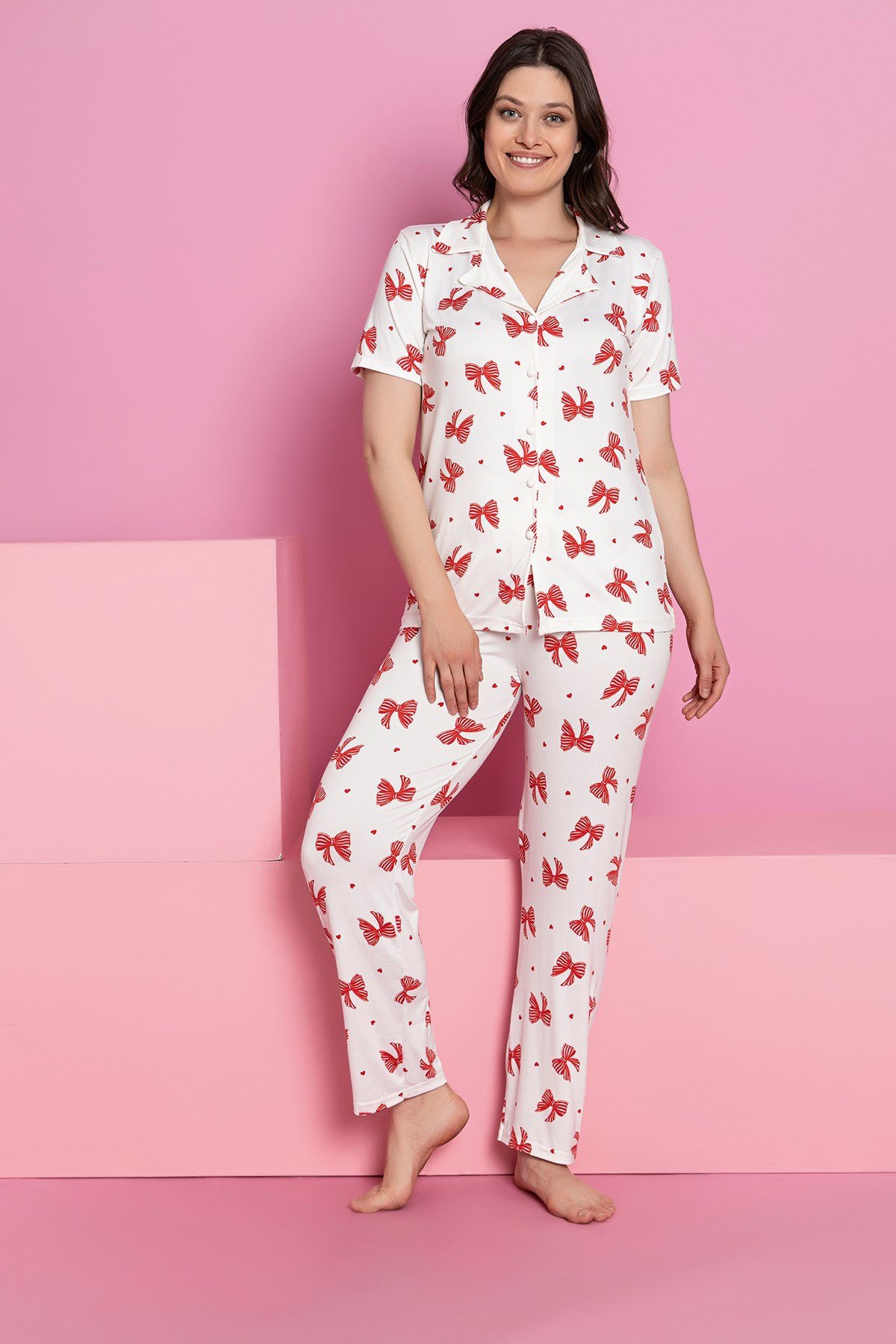 Kadın FIYONK DESEN MİLAN Düğmeli Pijama Takımı