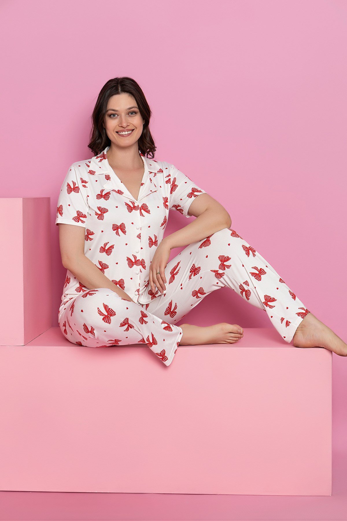 Kadın FIYONK DESEN MİLAN Düğmeli Pijama Takımı