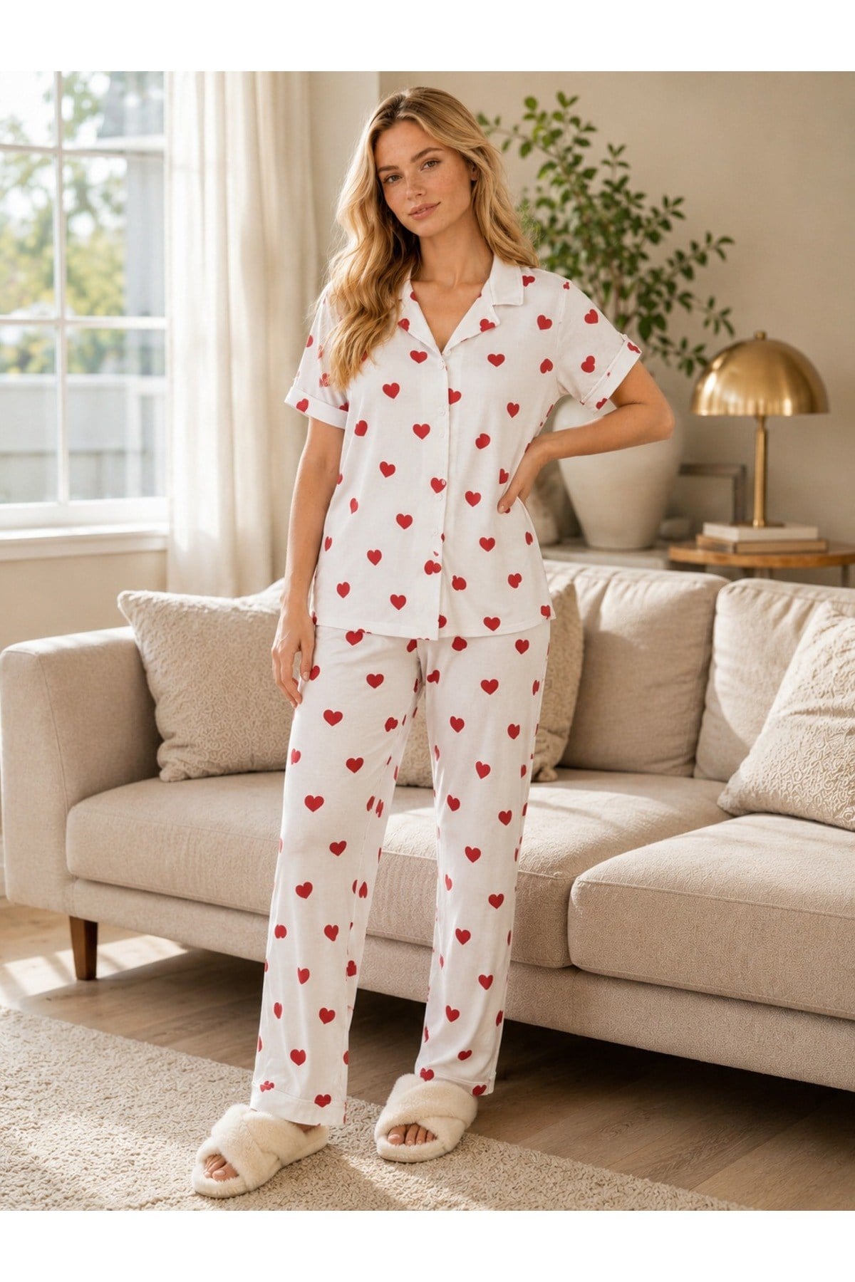 Kadın KALP DESEN MİLAN Düğmeli Pijama Takımı