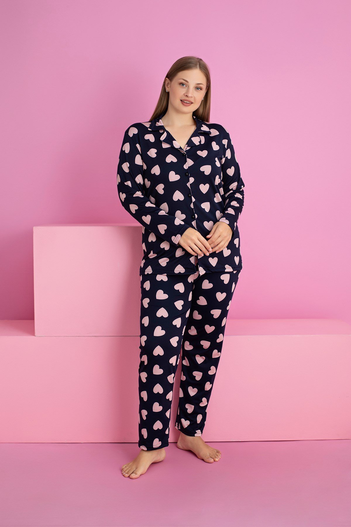 KADIN KALPLİ Buyuk Beden Milan Örme Uzun Kol Kadın Düğmeli Pijama Takımı