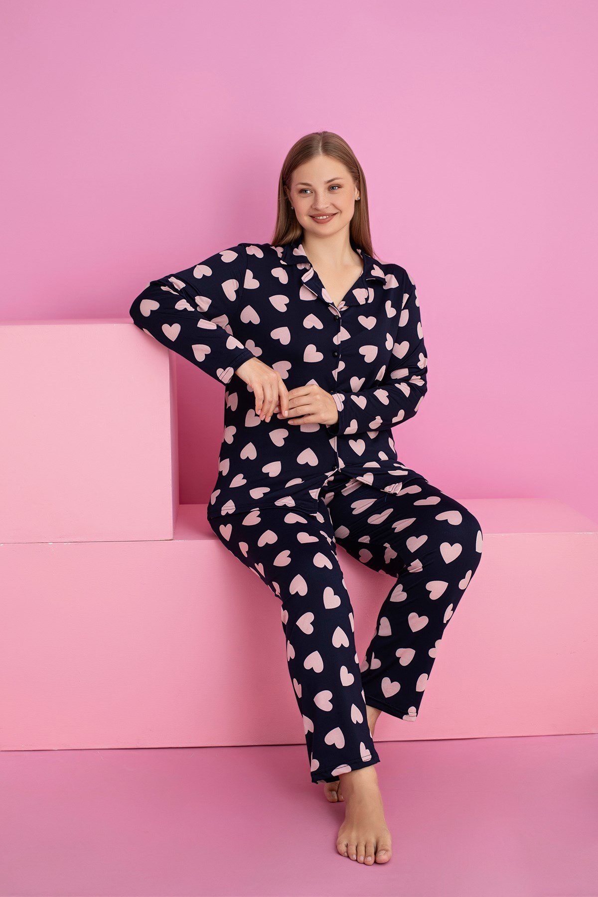 KADIN KALPLİ Buyuk Beden Milan Örme Uzun Kol Kadın Düğmeli Pijama Takımı