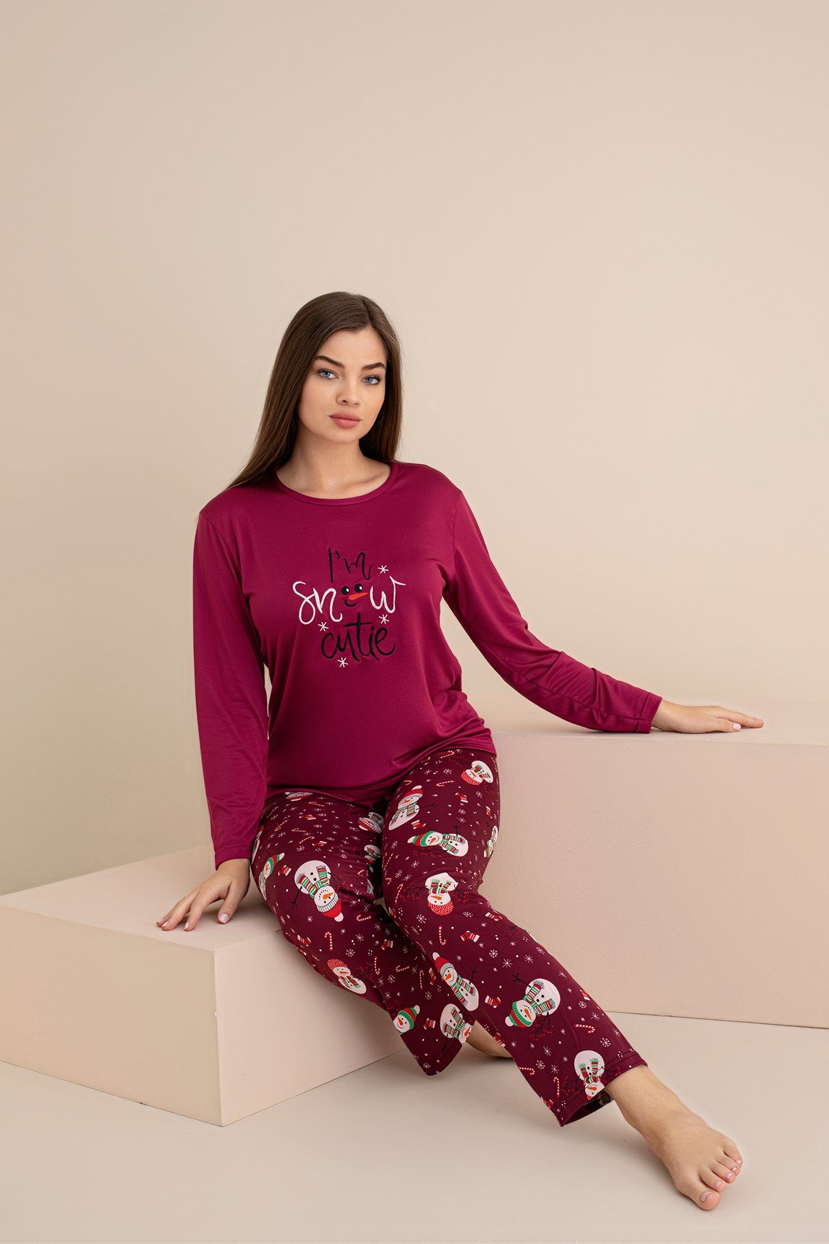 KADIN KARDAN ADAM BASKILI Milan Örme Uzun Kol Kadın Pijama Takımı