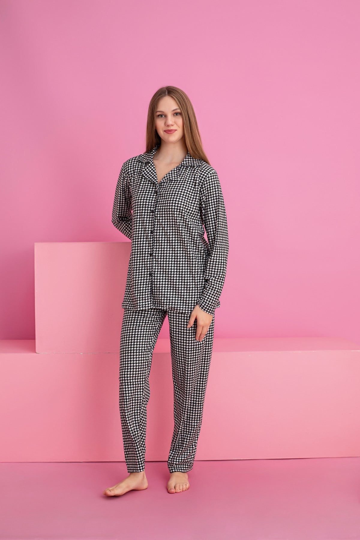 Kadın KARELİ Desenli Süet Örme Uzun Kol Kadın Düğmeli Pijama Takımı