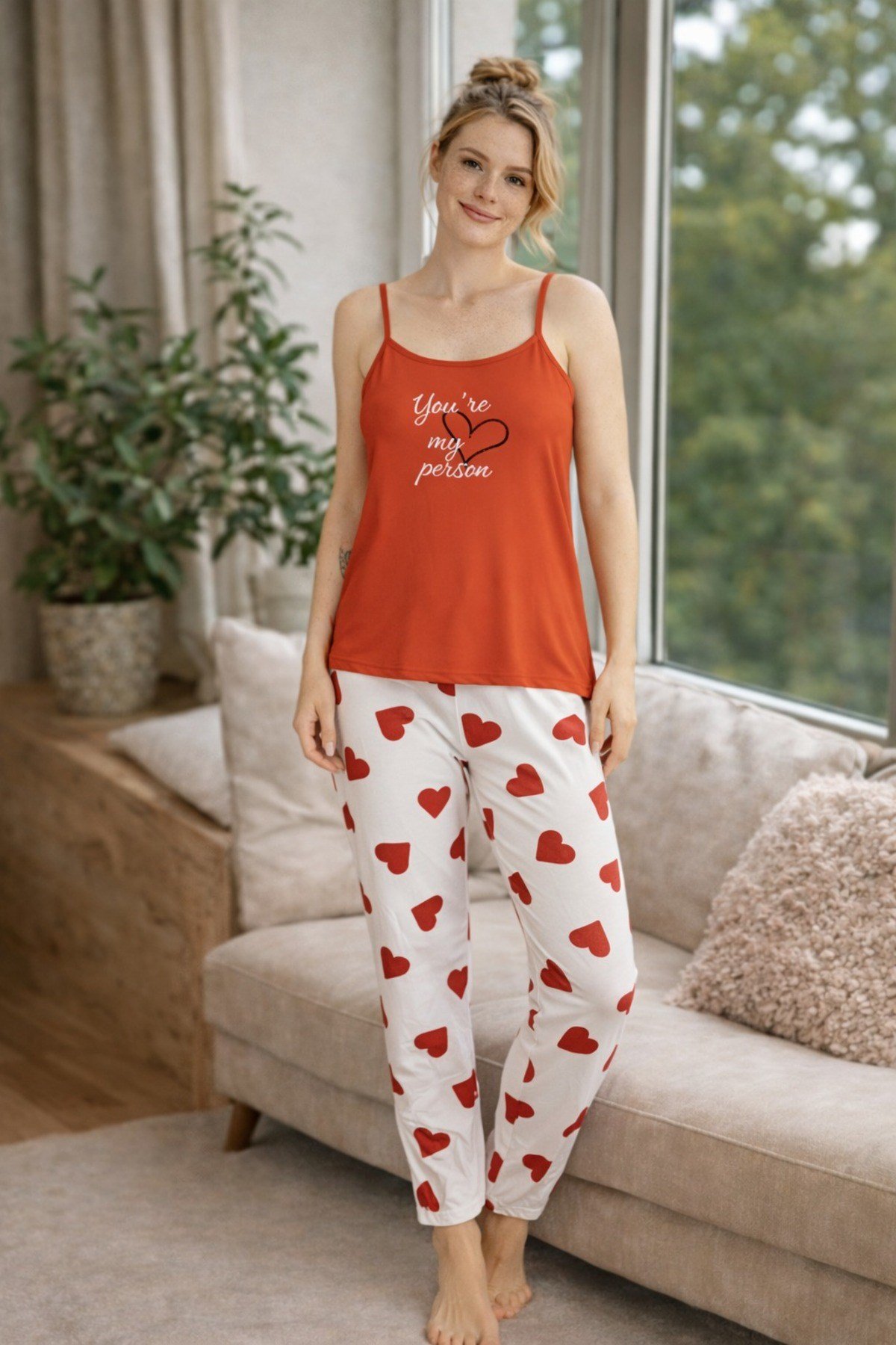 Kadın Kırmızı Kalp Milan Askılı Pijama Takımı