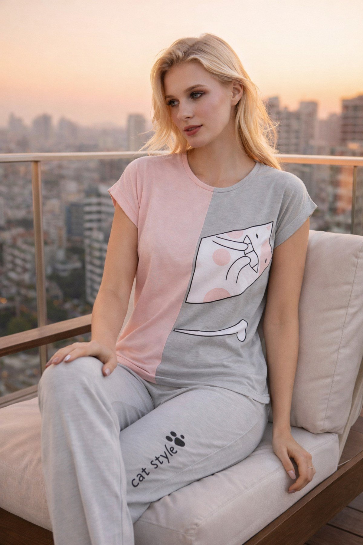 KADIN KISA KOL FİTİLLİ KEDİLİ PİJAMA TAKIMI
