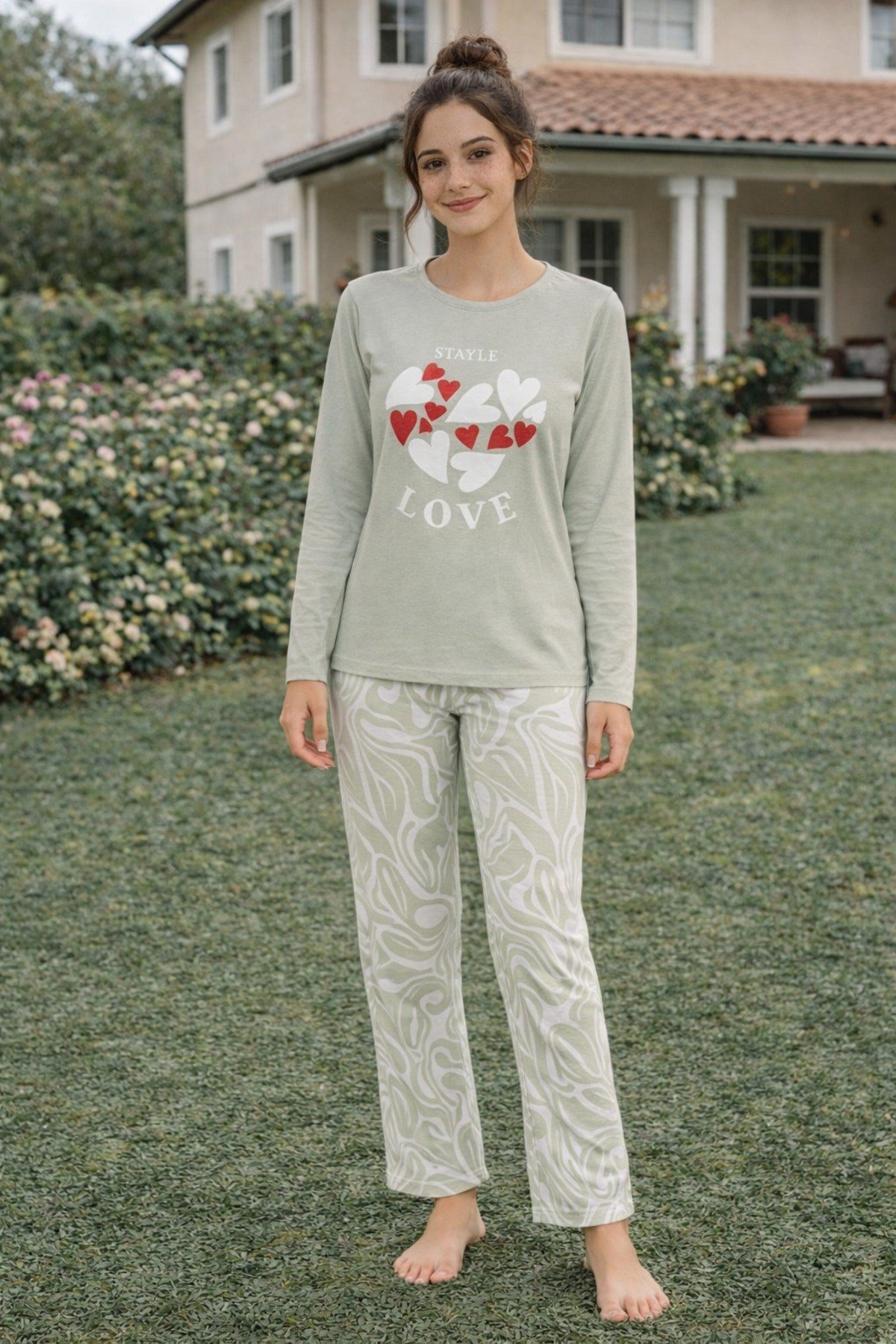 Kadın Love Baskılı Süprem Uzun Kol Pijama Takımı