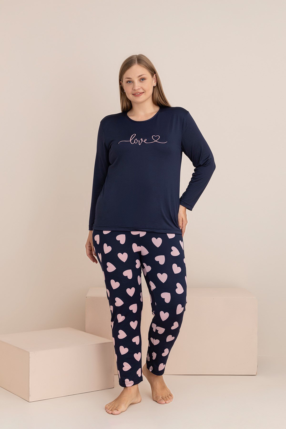 KADIN LOVE KALPLI Büyük Beden Milan Örme Uzun Kol Nakışlı Kadın Pijama Takımı
