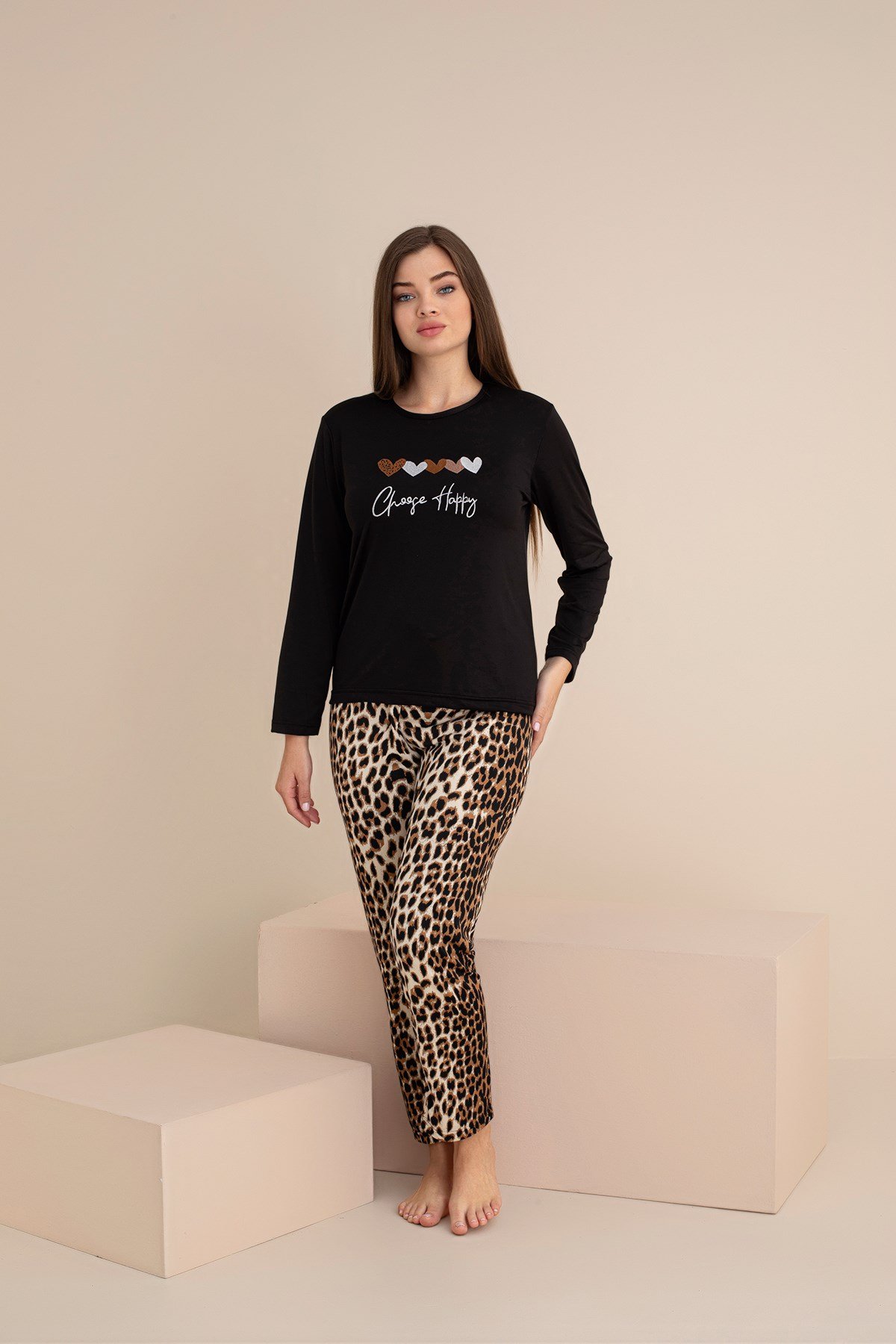 KADIN Milan Örme Leopar desenli kalp Nakışlı Uzun Kol Kadın Pijama Takımı