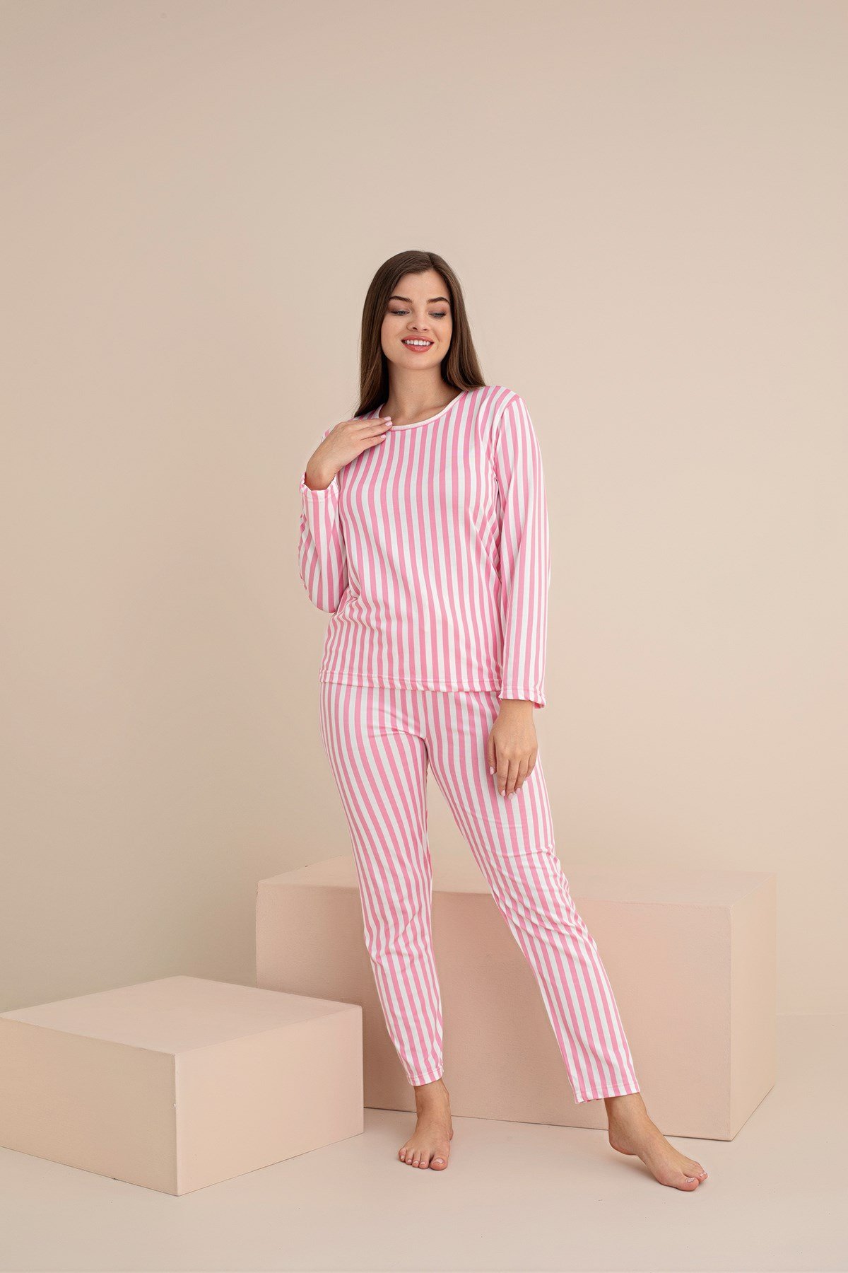 KADIN Milan Örme Pembe Çizgili Uzun Kol Kadın Pijama Takımı