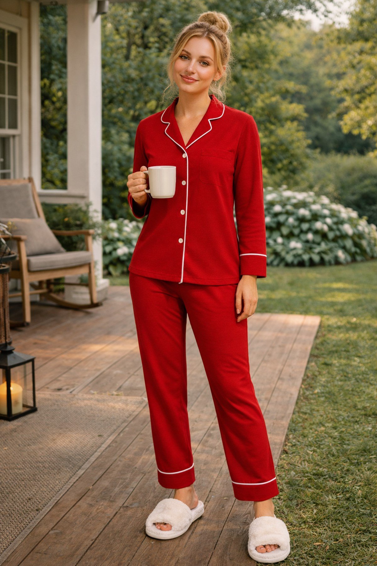 Kadın Pamuklu Ara Biyeli Düğmeli Biyeli Pijama Takımı