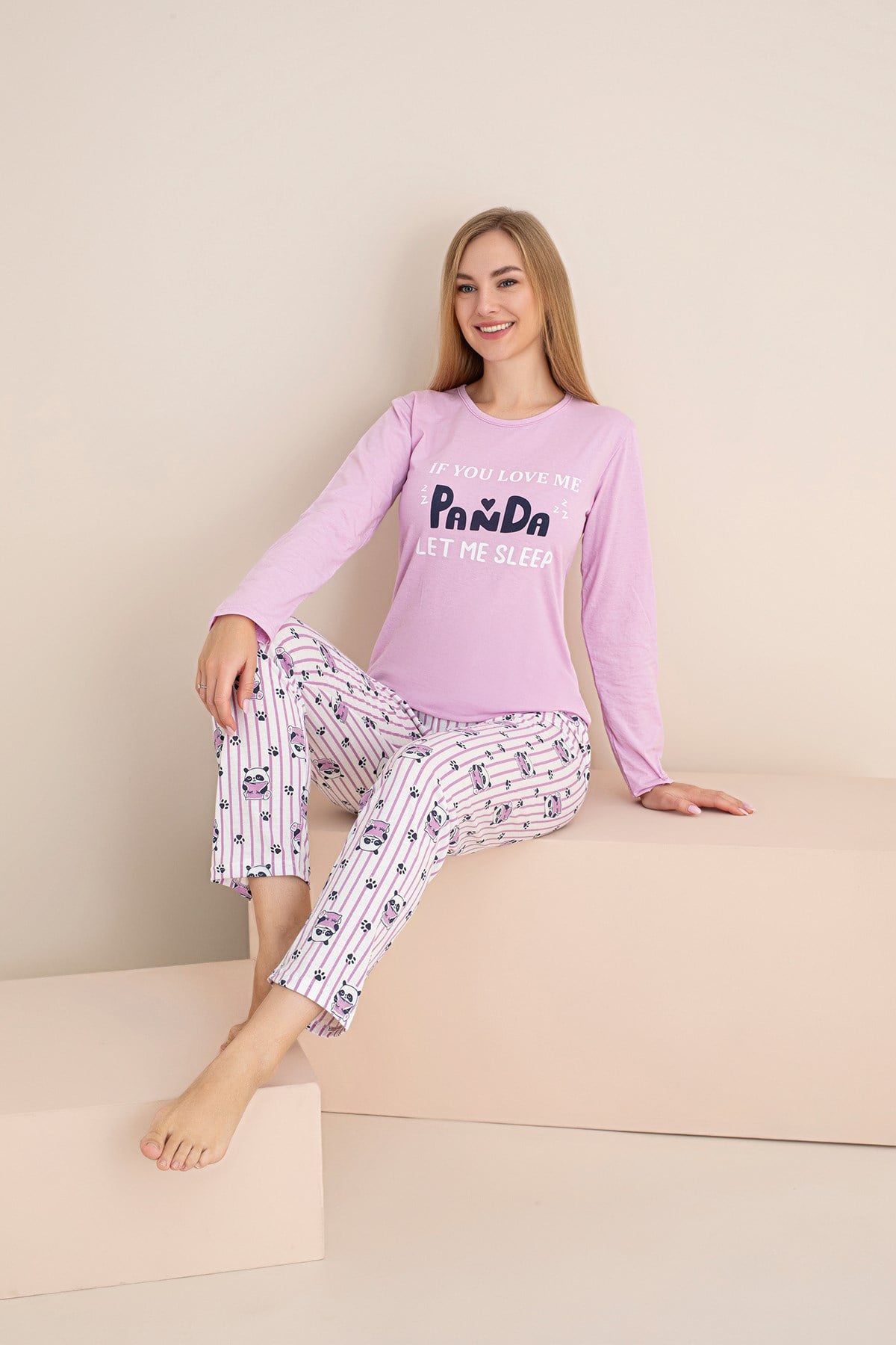 KADIN PANDA BASKILI SÜPREM UZUN KOL PİJAMA TAKIMI
