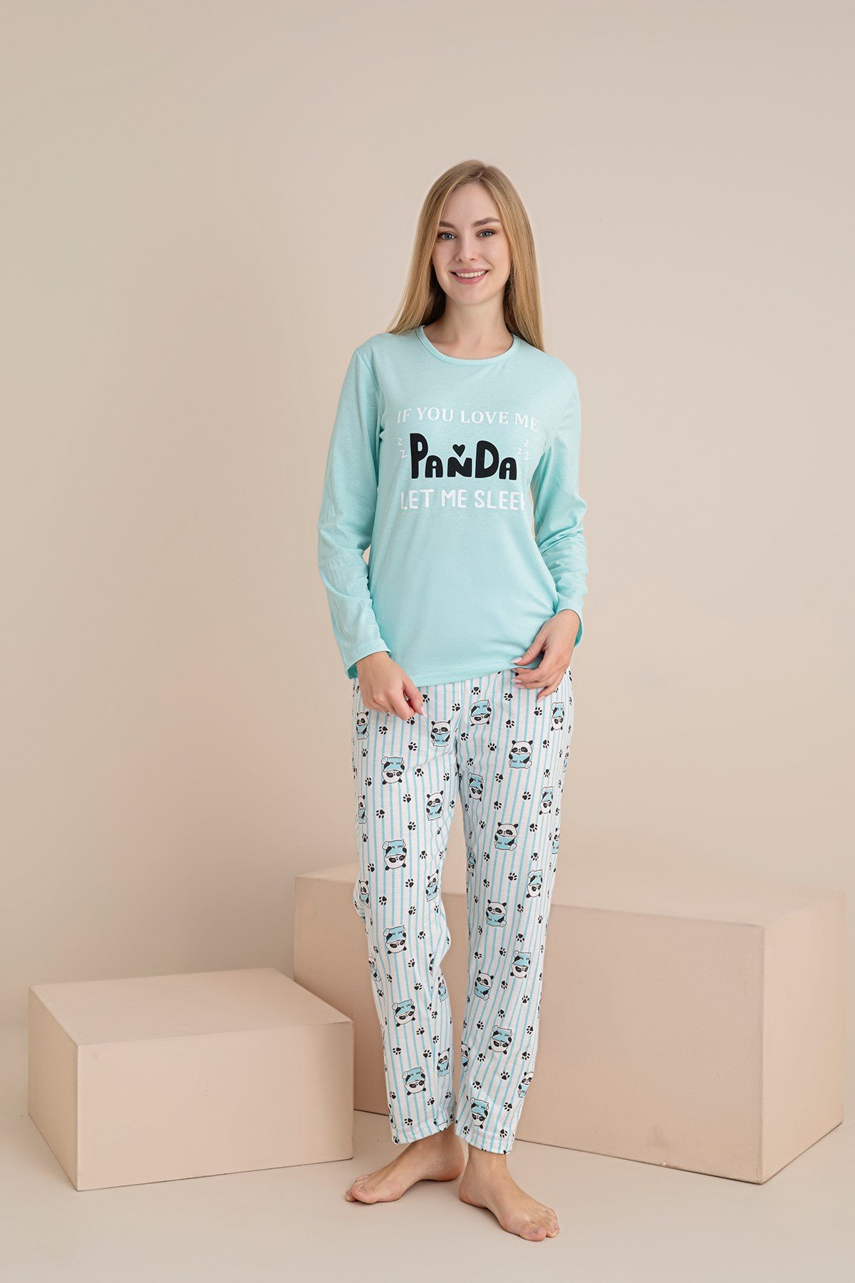 KADIN PANDA YAZI BASKILI SÜPREM UZUN KOL PİJAMA TAKIMI