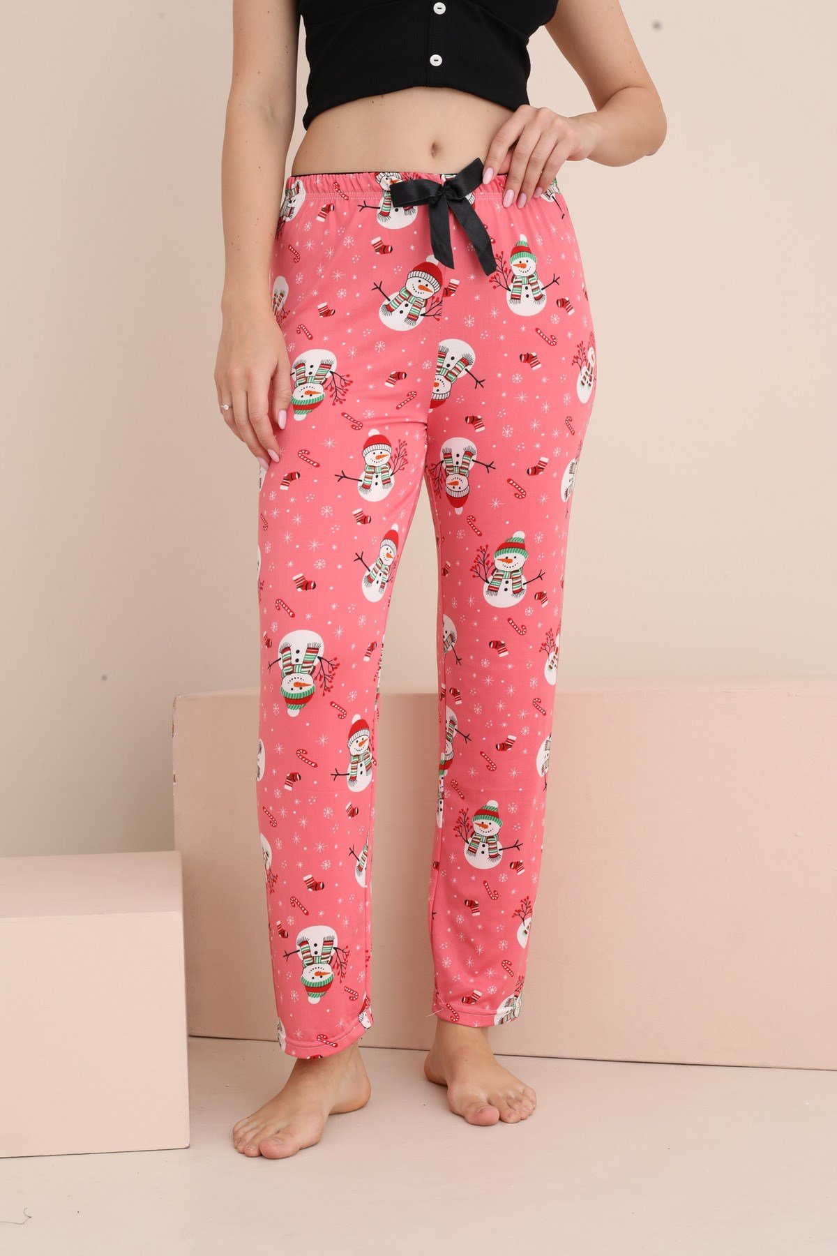 Kadın Pijama Cepsiz Fiyonk ve Bel Lastik Detaylı Baskılı Tek Alt