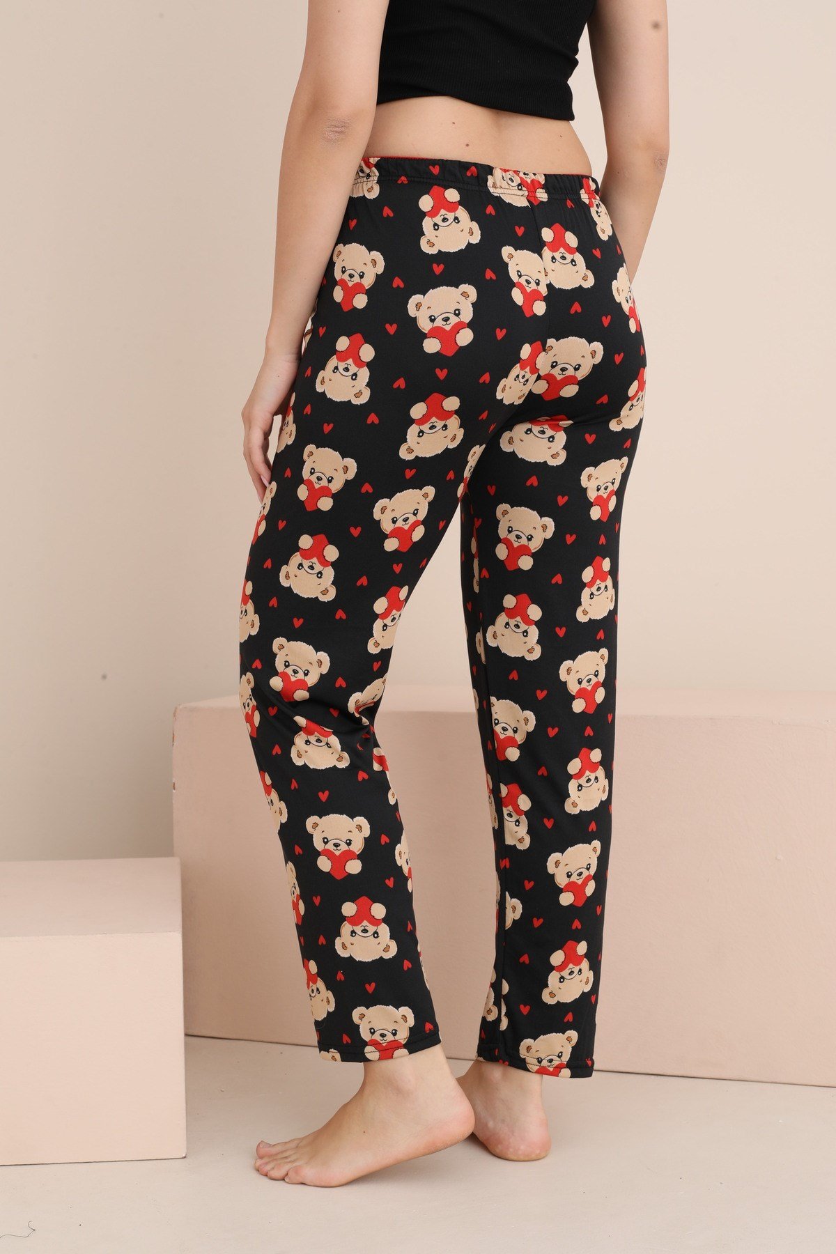 Kadın Pijama Cepsiz Fiyonk ve Bel Lastik Detaylı Baskılı Tek Alt