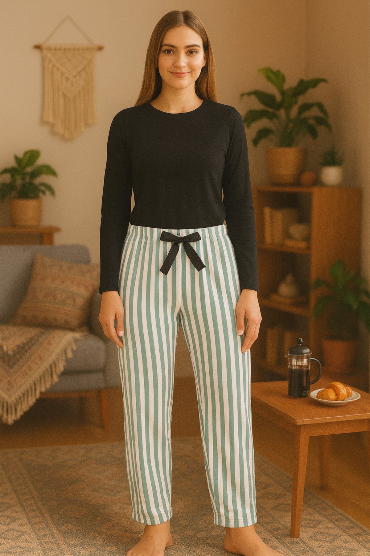 Kadın Pijama Cepsiz Fiyonk ve Bel Lastik Detaylı Baskılı Tek Alt