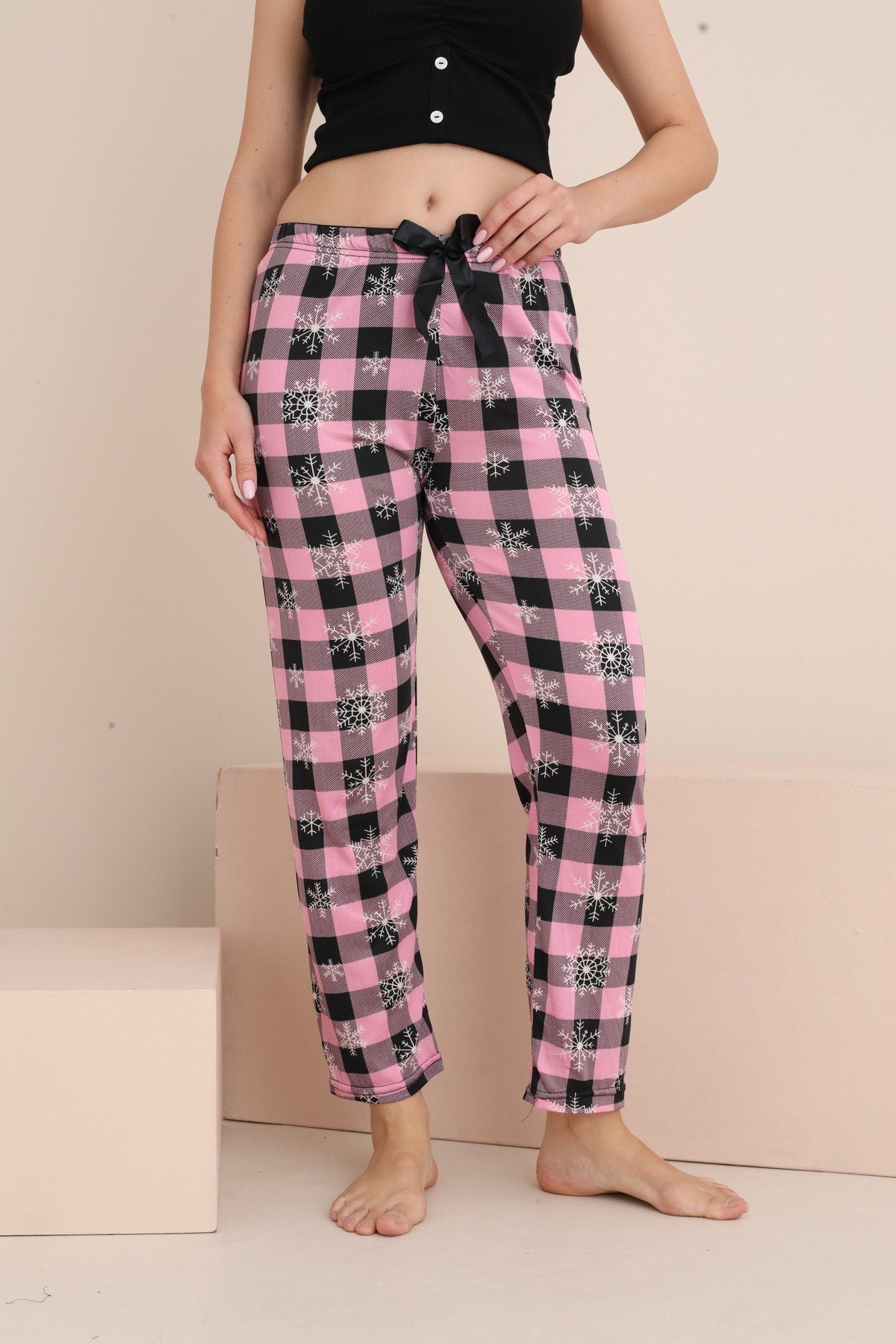 Kadın Pijama Cepsiz Fiyonk ve Bel Lastik Detaylı Baskılı Tek Alt