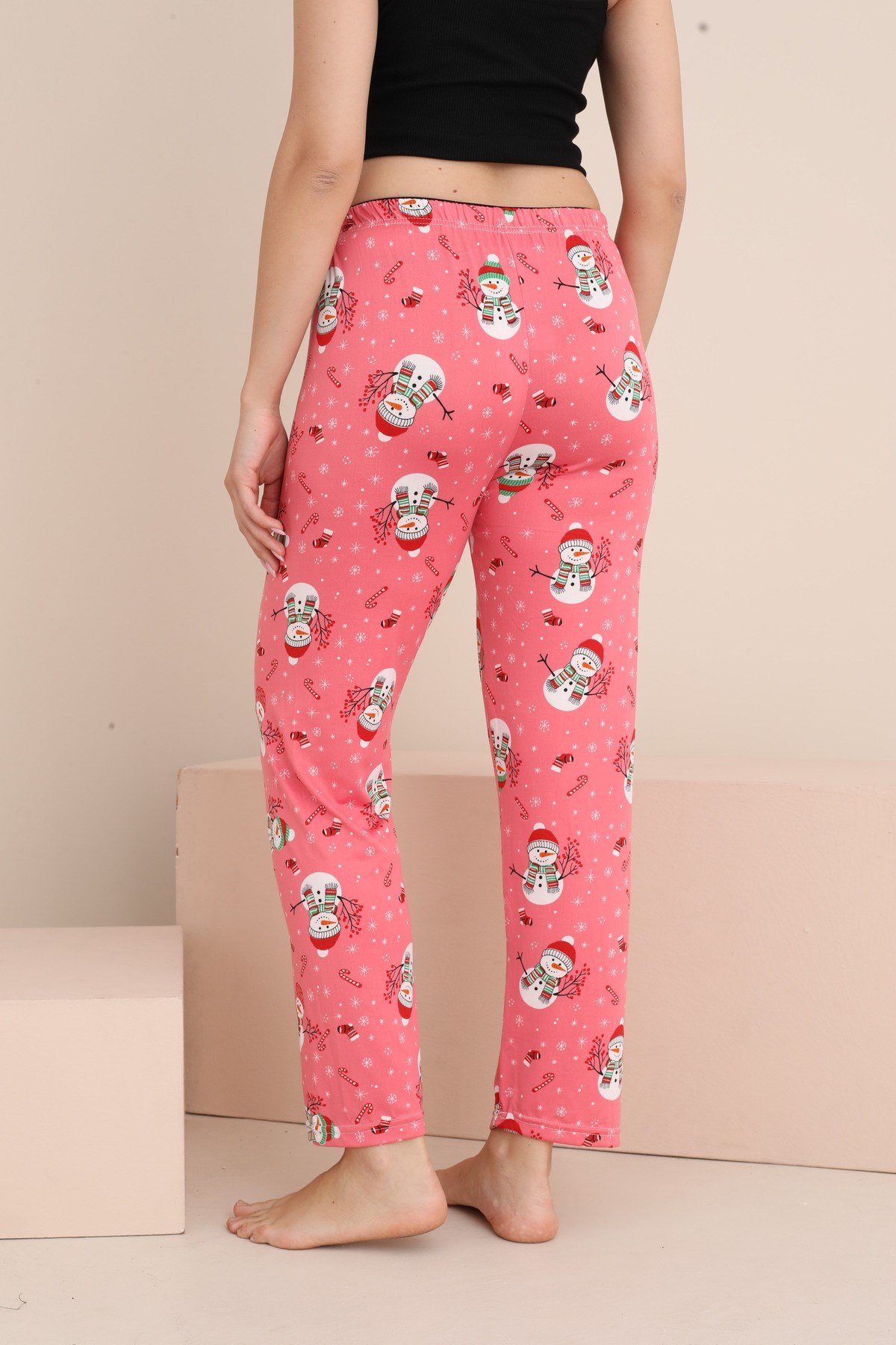 Kadın Pijama Cepsiz Fiyonk ve Bel Lastik Detaylı Baskılı Tek Alt