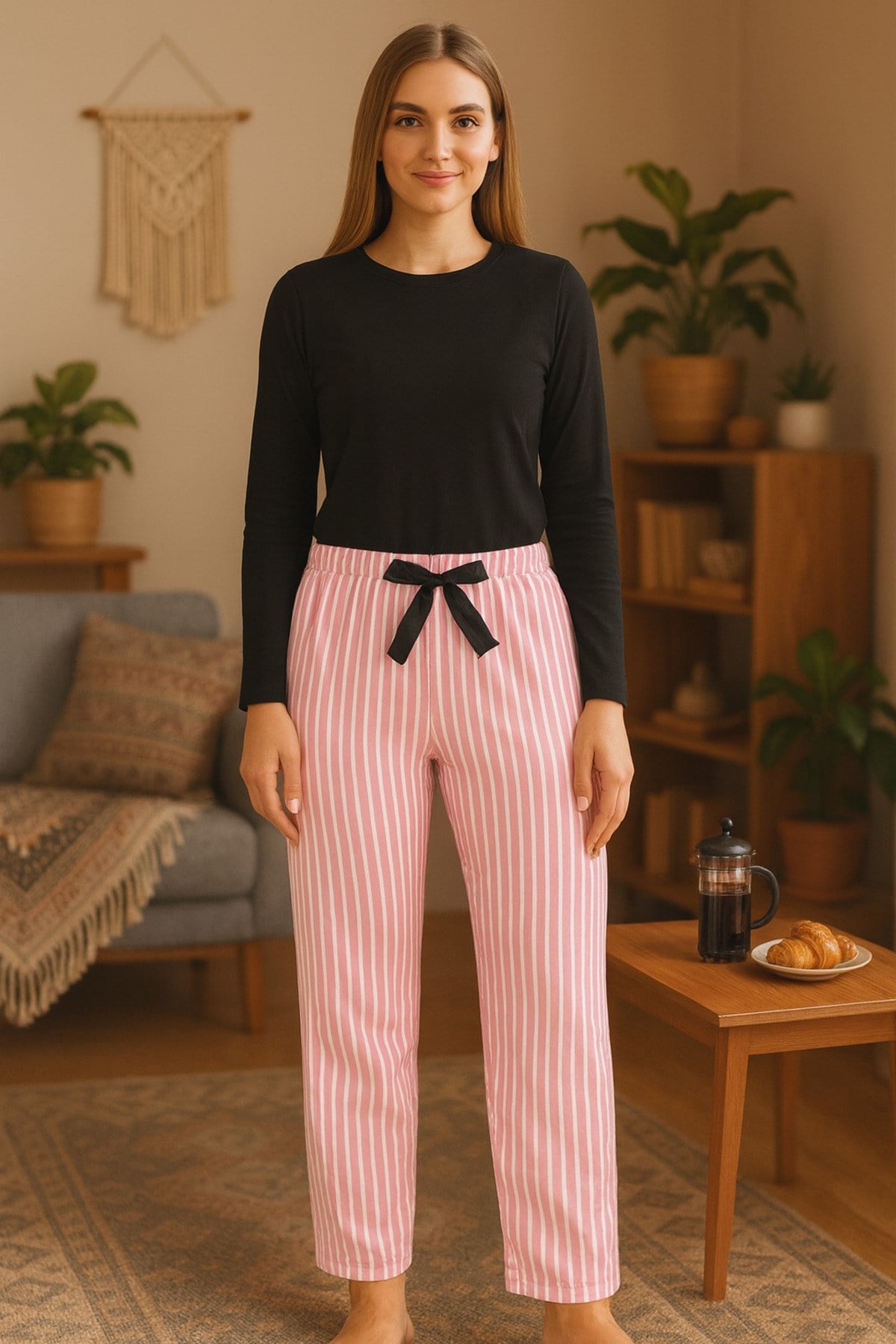 Kadın Pijama Cepsiz Fiyonk ve Bel Lastik Detaylı Baskılı Tek Alt