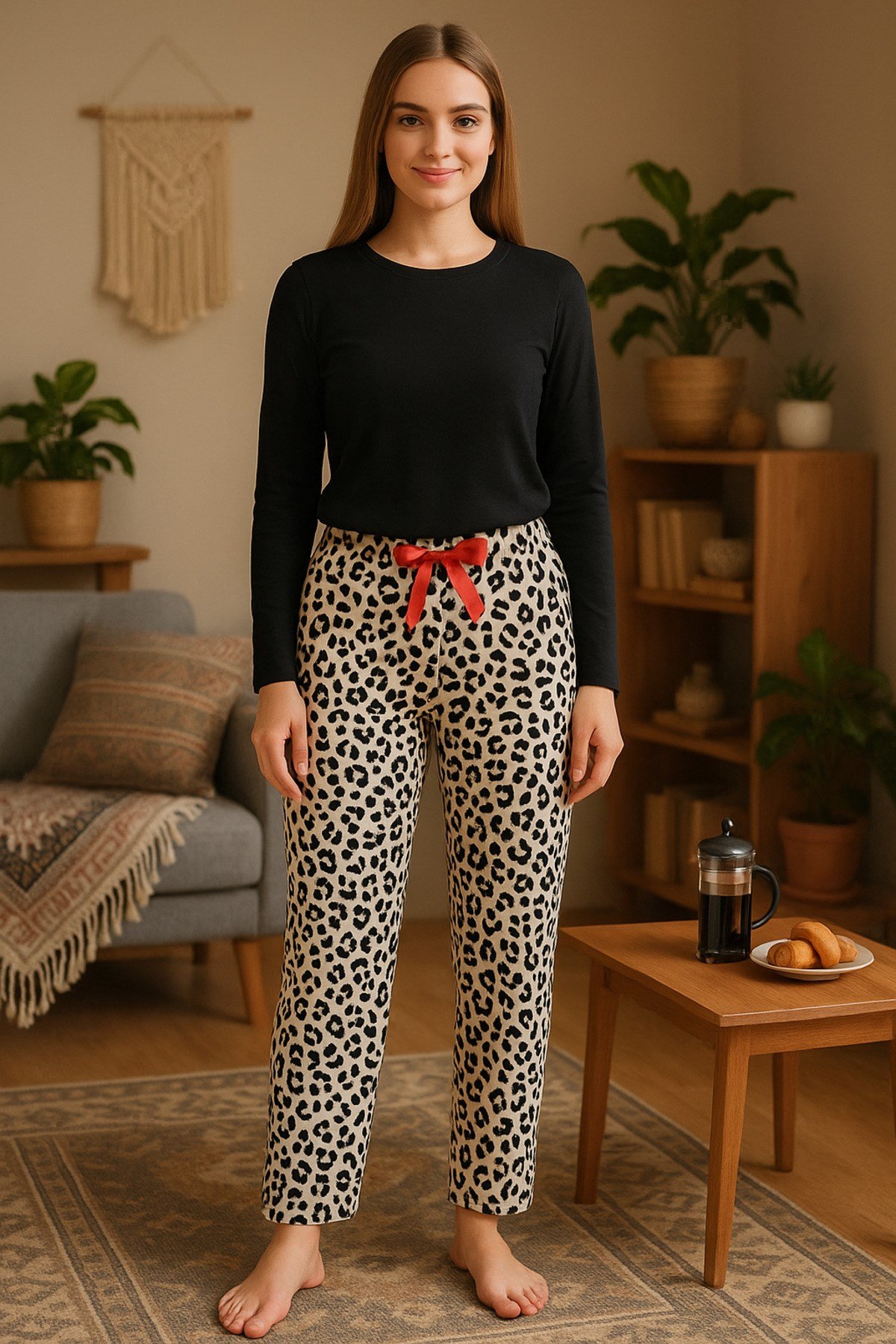 Kadın Pijama Cepsiz Fiyonk ve Bel Lastik Detaylı Baskılı Tek Alt