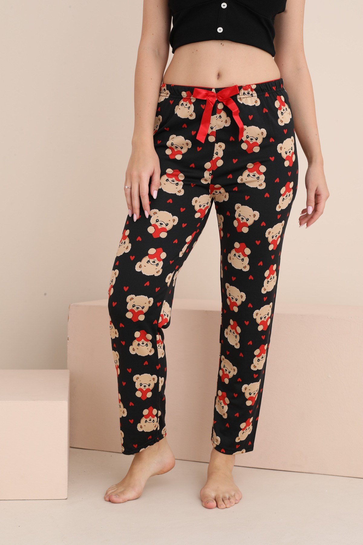 Kadın Pijama Cepsiz Fiyonk ve Bel Lastik Detaylı Baskılı Tek Alt