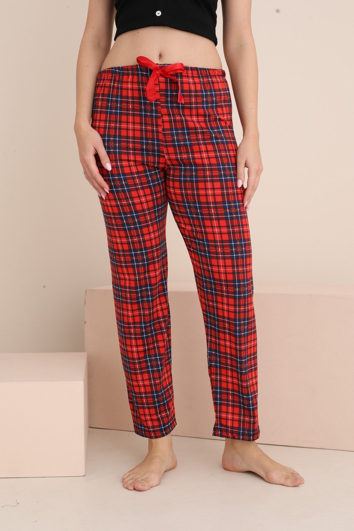 Kadın Pijama Cepsiz Fiyonk ve Bel Lastik Detaylı Baskılı Tek Alt