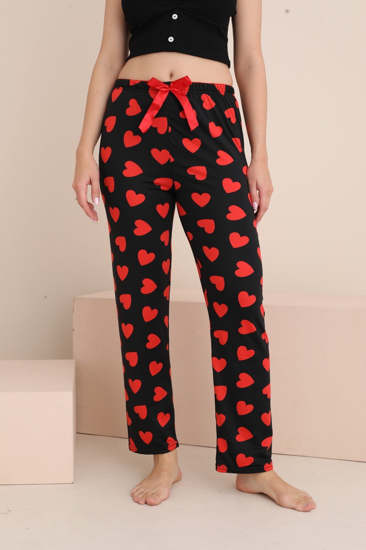 Kadın Pijama Cepsiz Fiyonk ve Bel Lastik Detaylı Baskılı Tek Alt