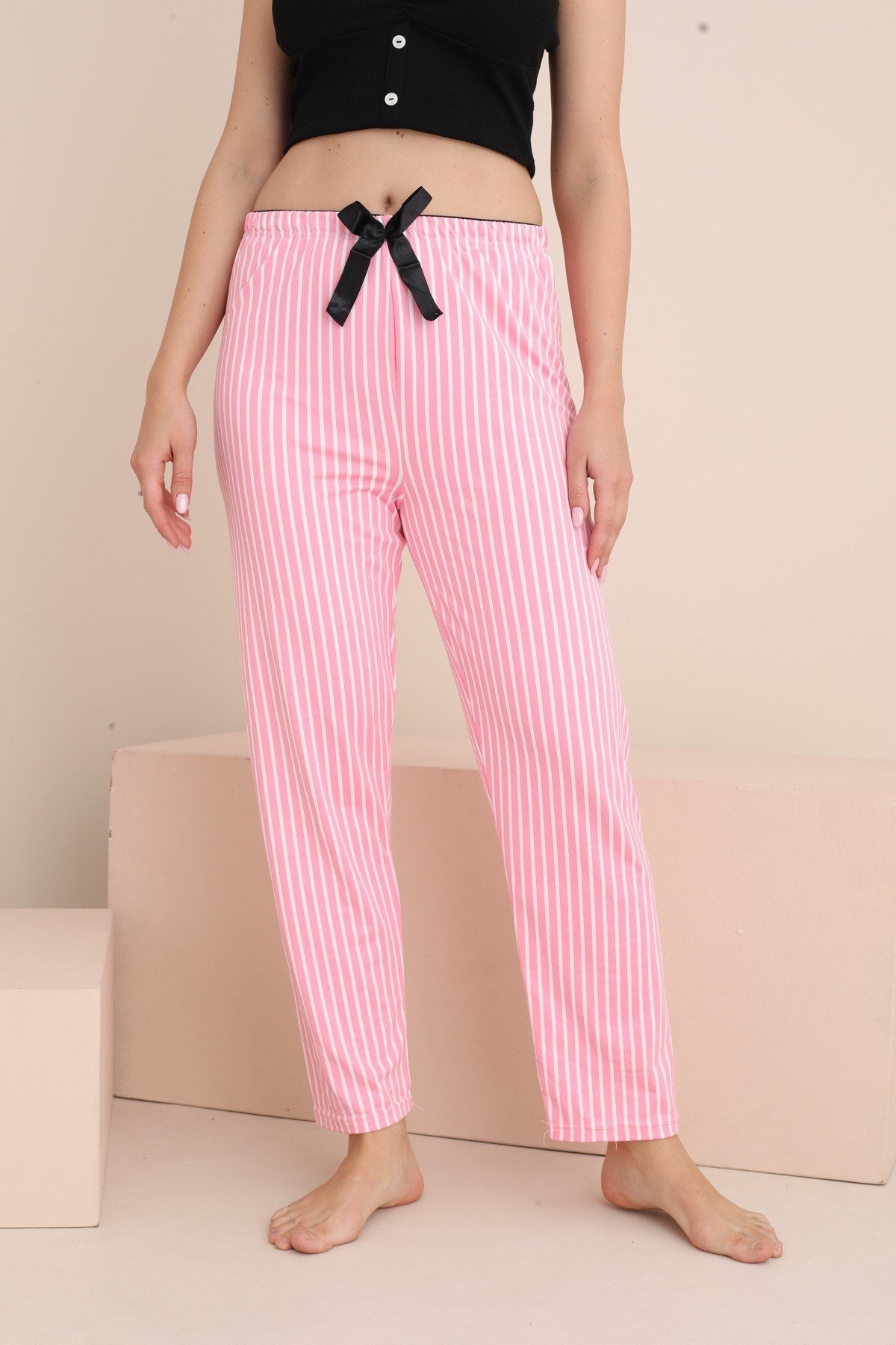 Kadın Pijama Cepsiz Fiyonk ve Bel Lastik Detaylı Baskılı Tek Alt