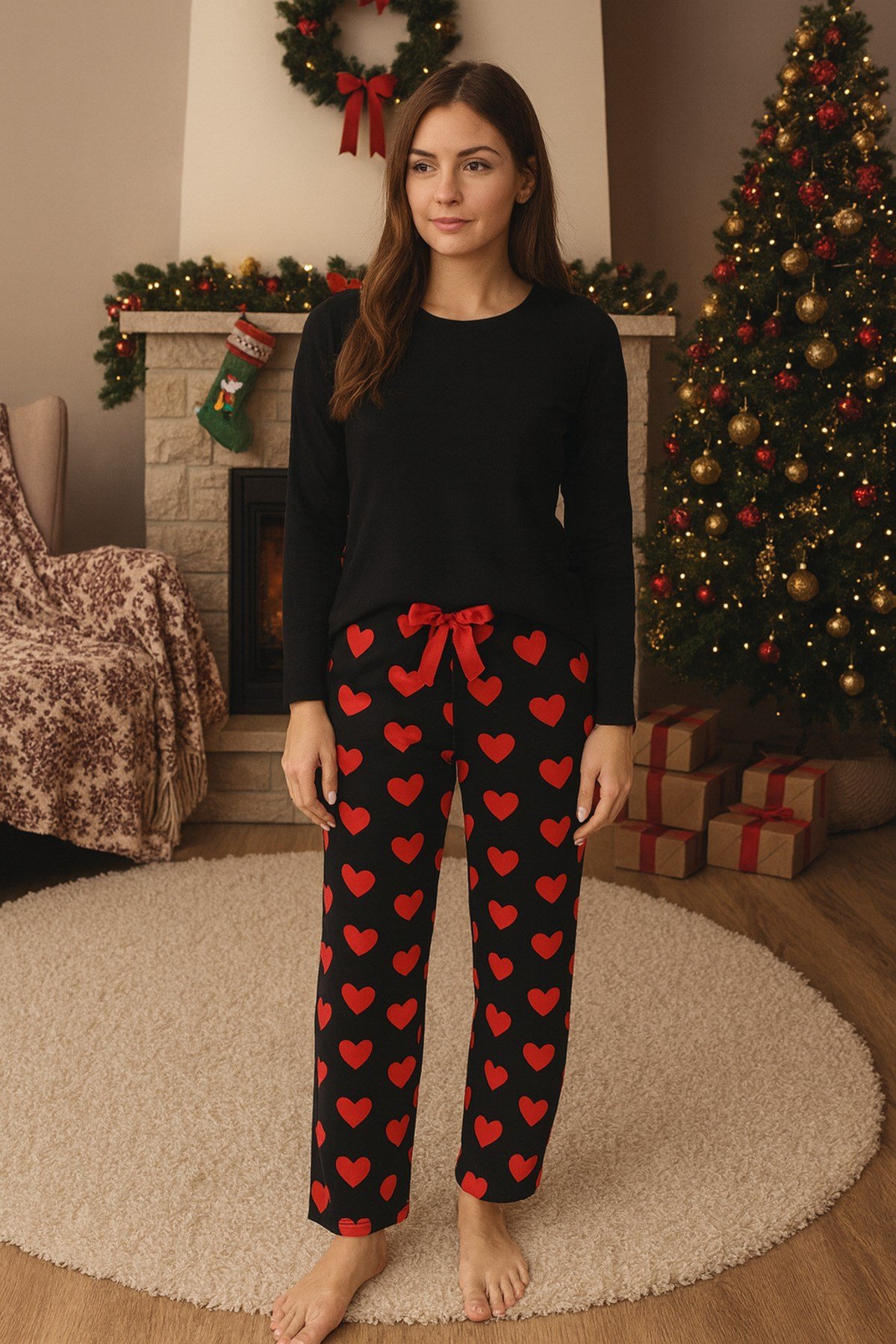 Kadın Pijama Cepsiz Fiyonk ve Bel Lastik Detaylı Baskılı Tek Alt