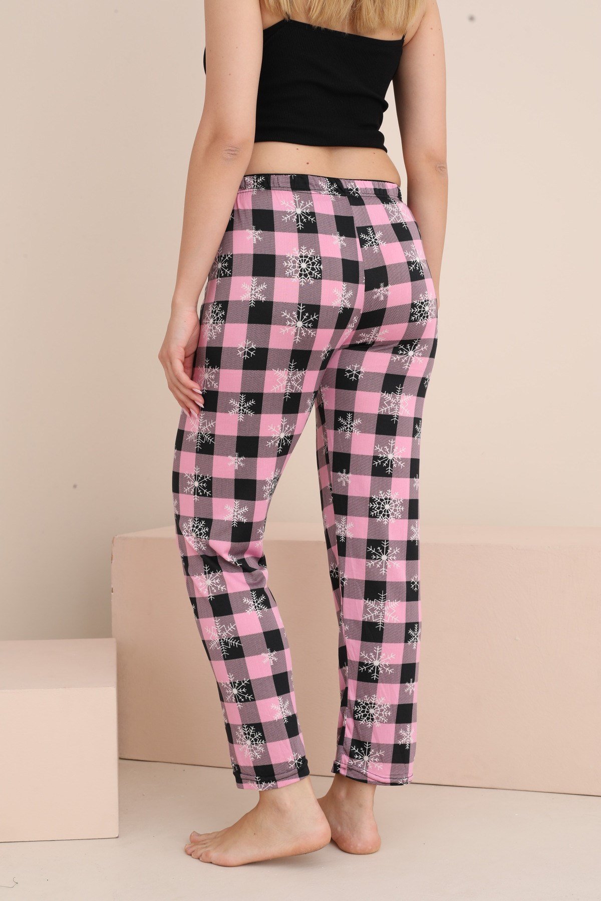 Kadın Pijama Cepsiz Fiyonk ve Bel Lastik Detaylı Baskılı Tek Alt