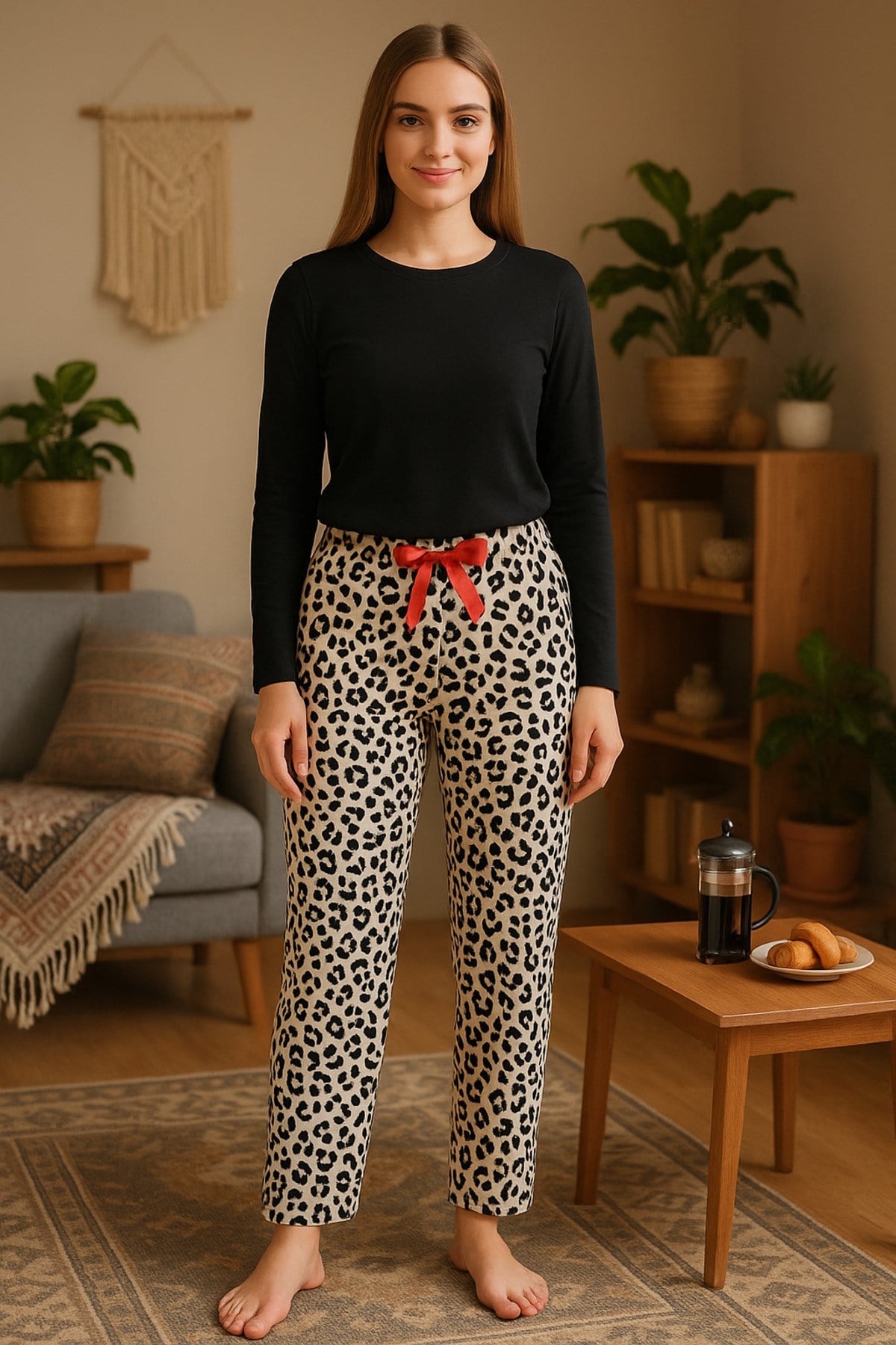 Kadın Pijama Cepsiz Fiyonk ve Bel Lastik Detaylı Baskılı Tek Alt