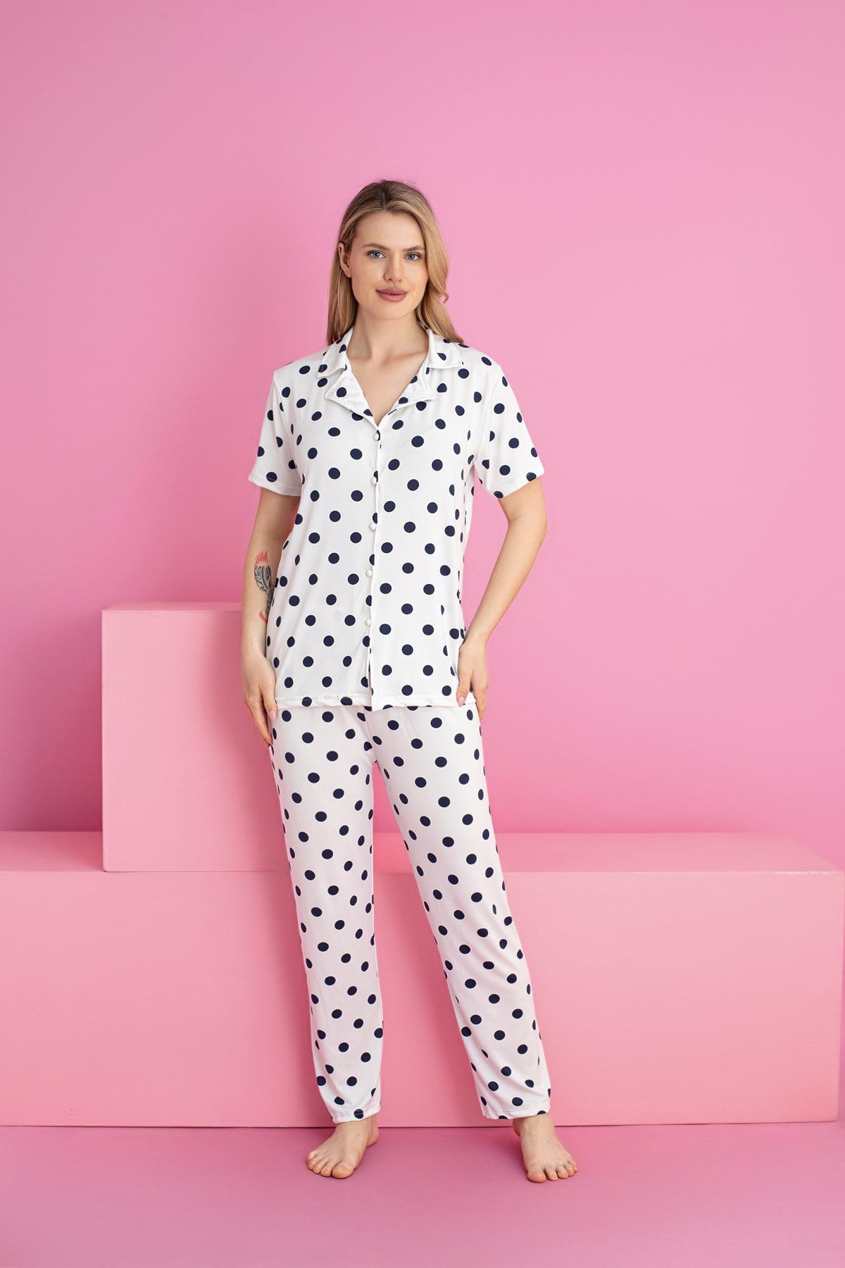 Kadın PUANTIYE DESEN MİLAN Düğmeli Pijama Takımı
